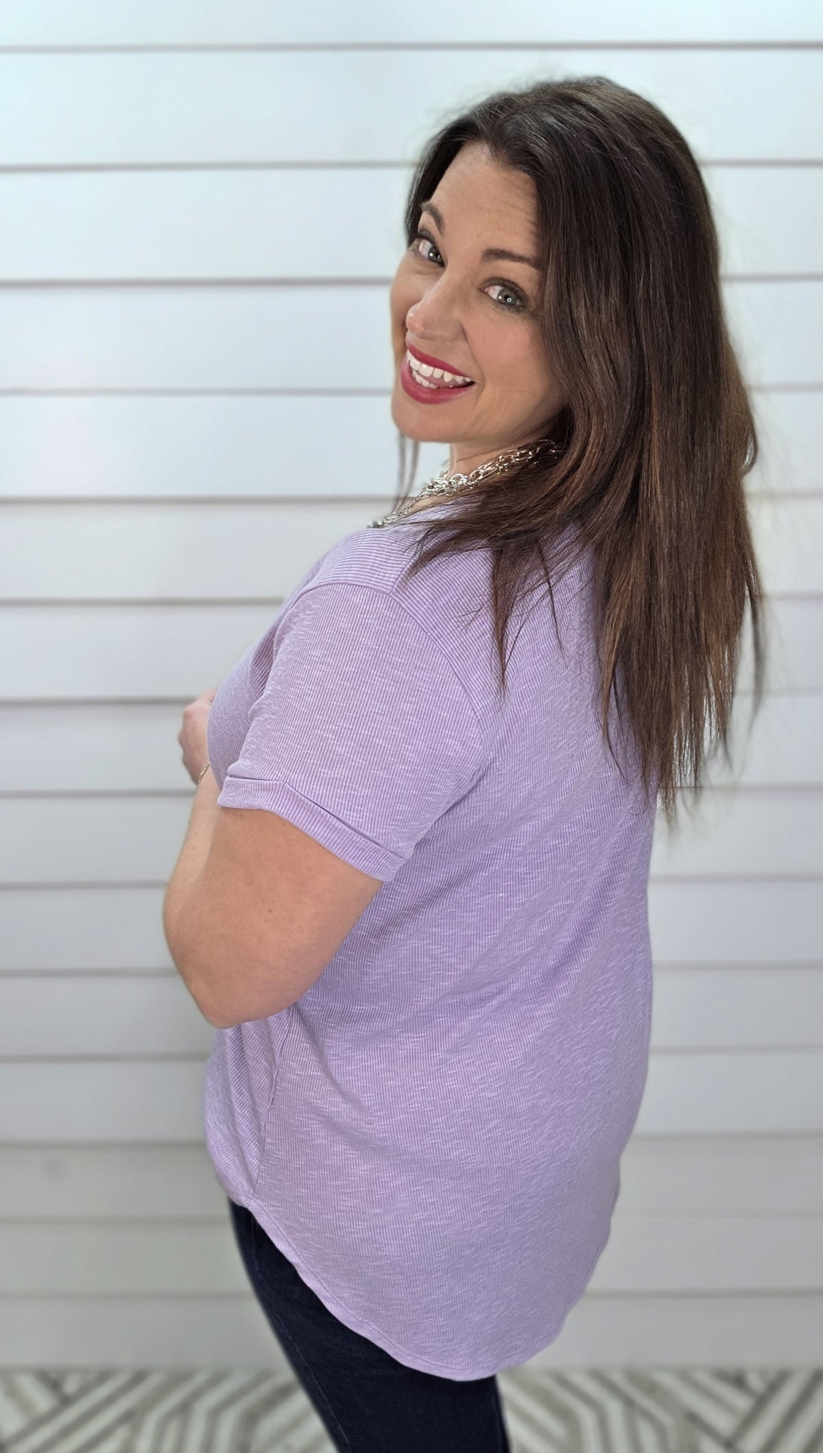 LAVENDER RIBBED V NECK KNIT TOP