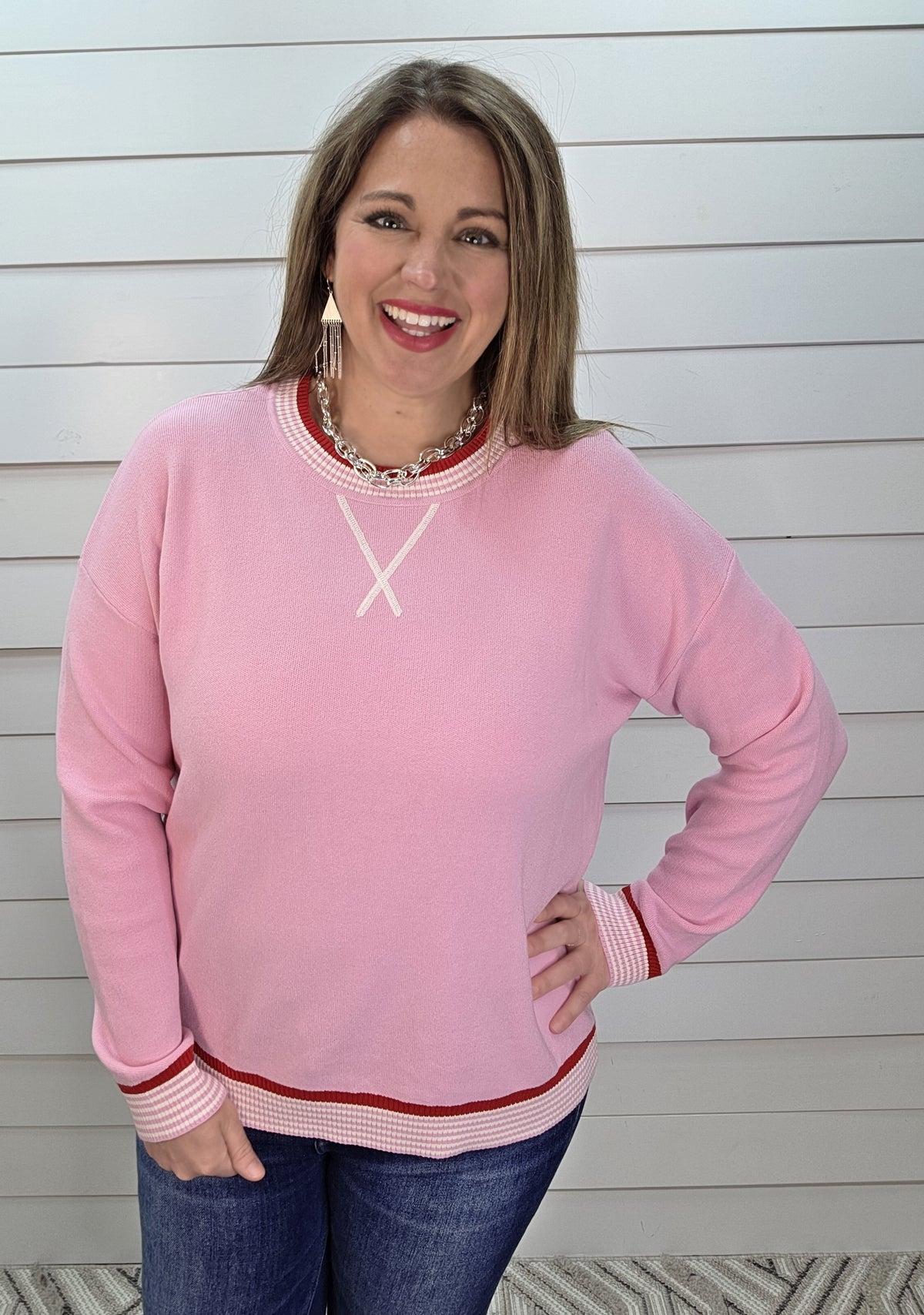 PINK CONTRAST SWEATER W/ RED/WHITE TRIM