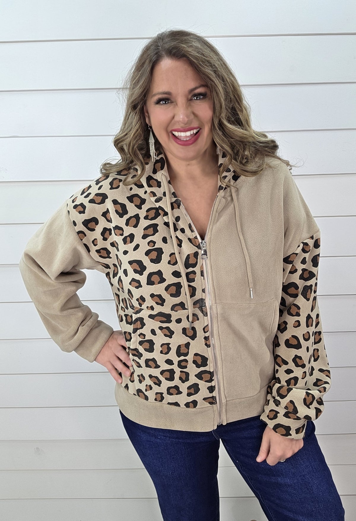 MOCHA CONTRAST LEOPARD FULL ZIP HOODED PULLOVER