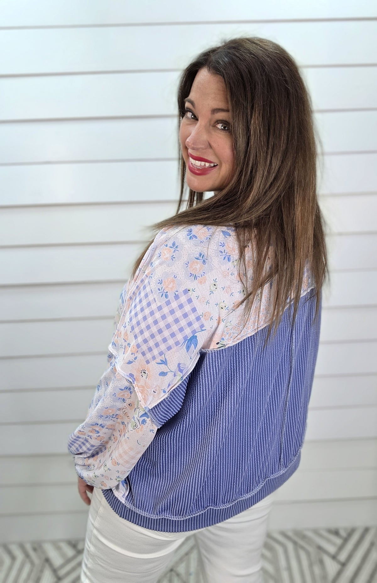 LIGHT BLUE PATCHWORK OVERSIZED LOOSE FIT KNIT TOP