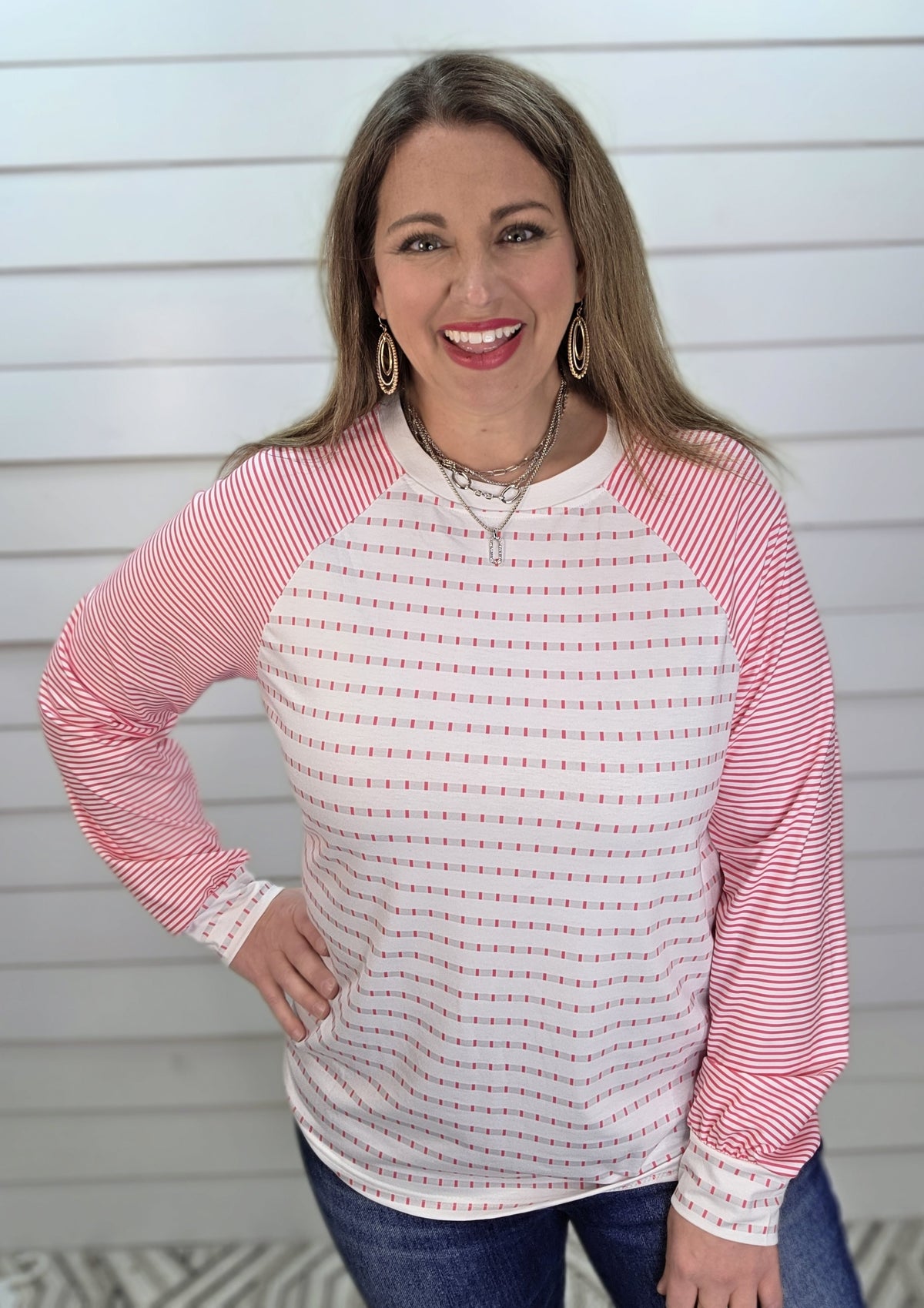 PINK/WHITE STRIPED PRINTED TOP