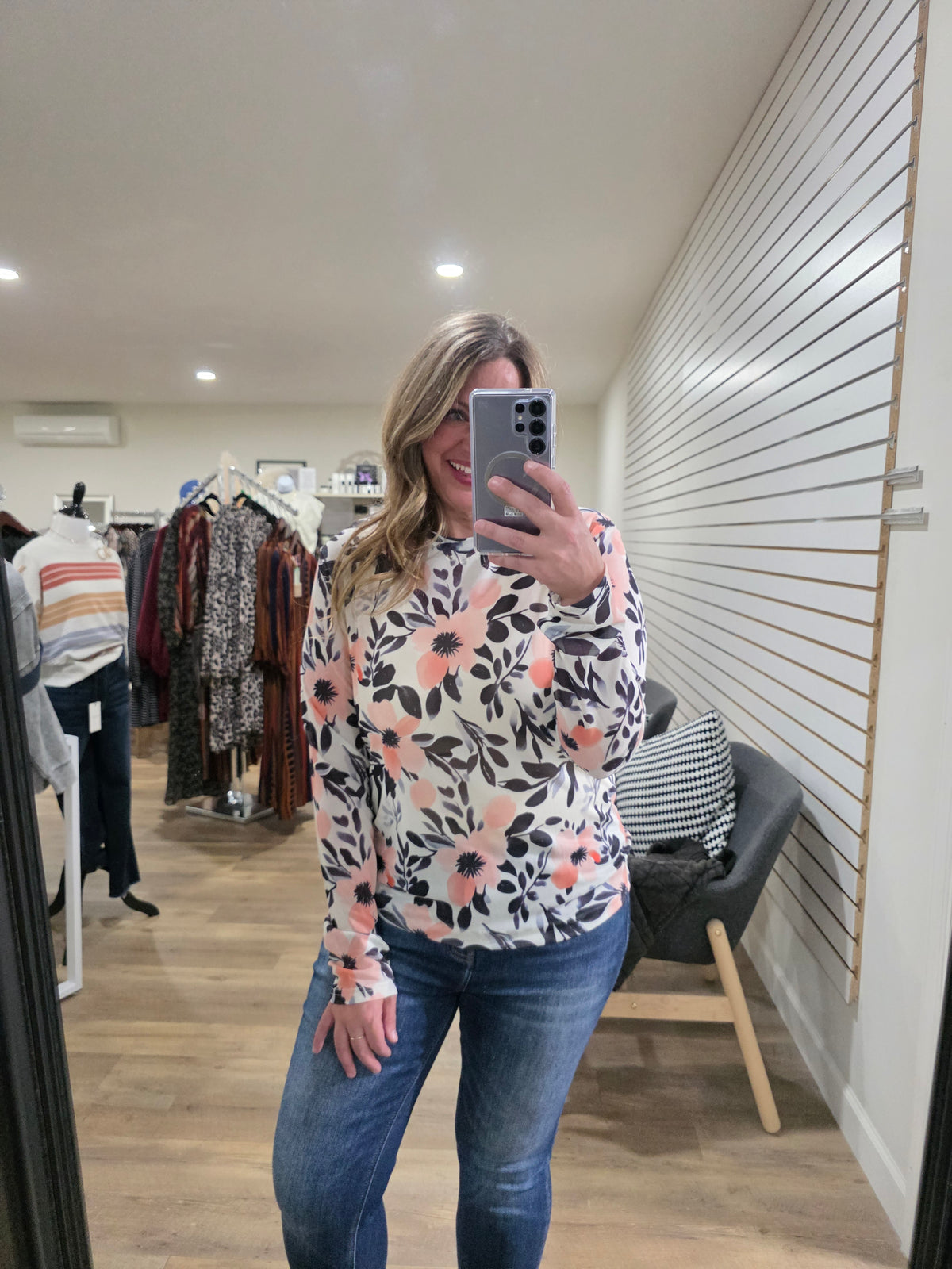 SHIRLEY AND STONE CORAL/FLORAL FLORAL MESH TOP