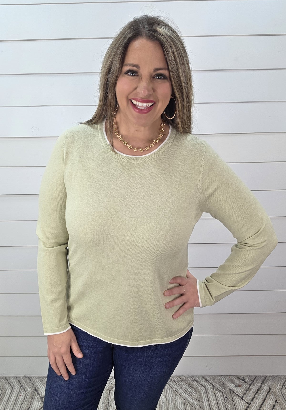 SAGE CONTRAST LIGHT WEIGHT KNIT PULLOVER