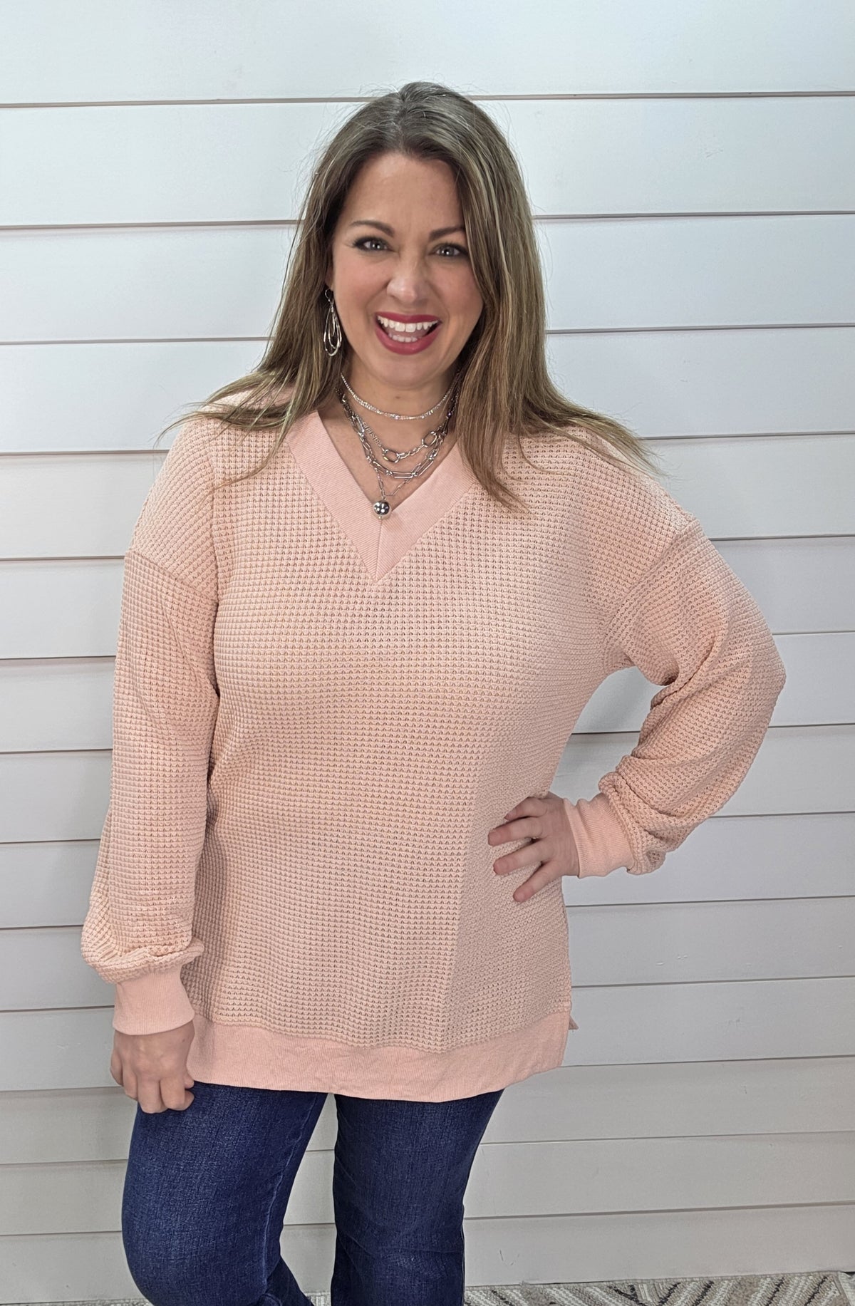 PINK WAFFLE TEXTURED LONG SLEEVE V NECK TOP