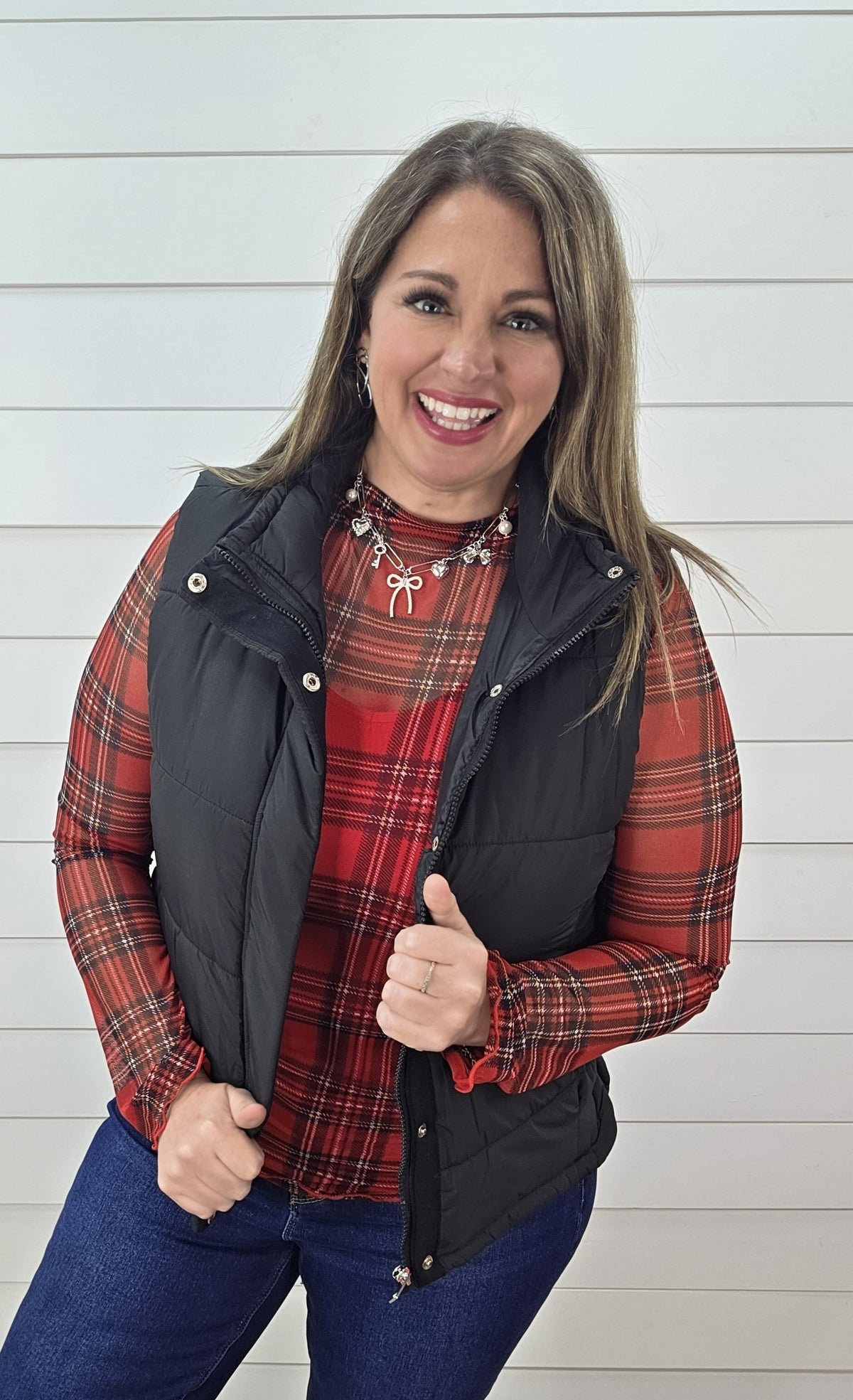 RED PLAID MESH TOP