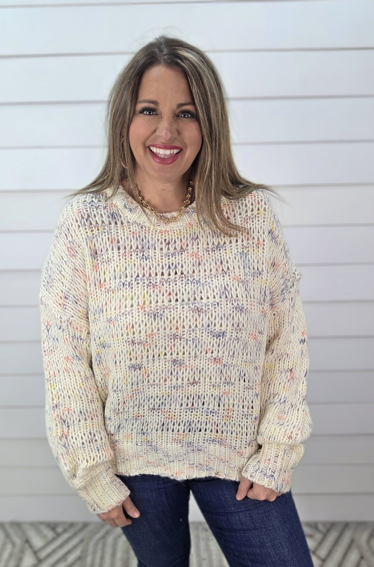 IVORY MULTI COLOR THREAD KNIT SWEATER