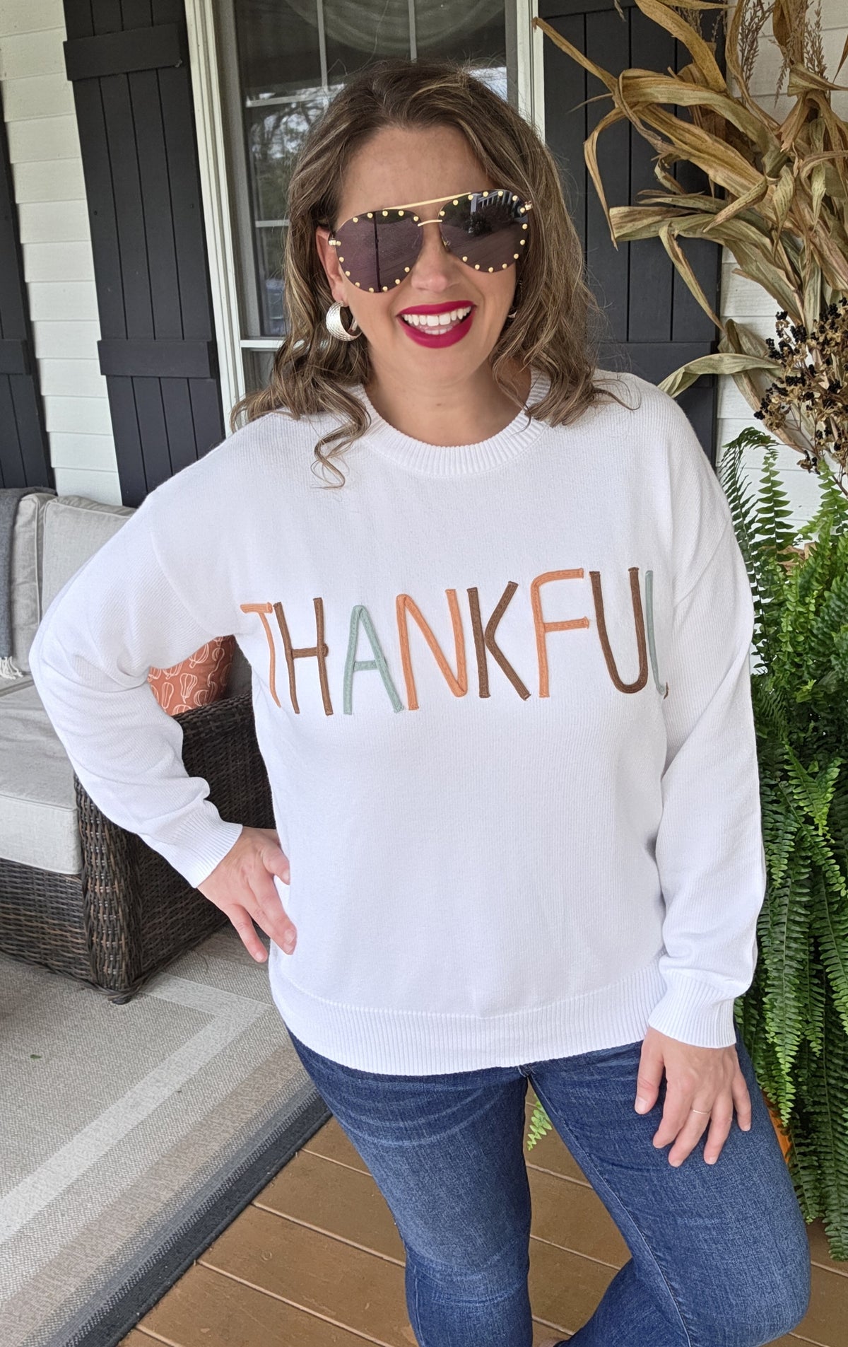 CREAM MULTI COLOR EMBROIDED "THANKFUL" SWEATER
