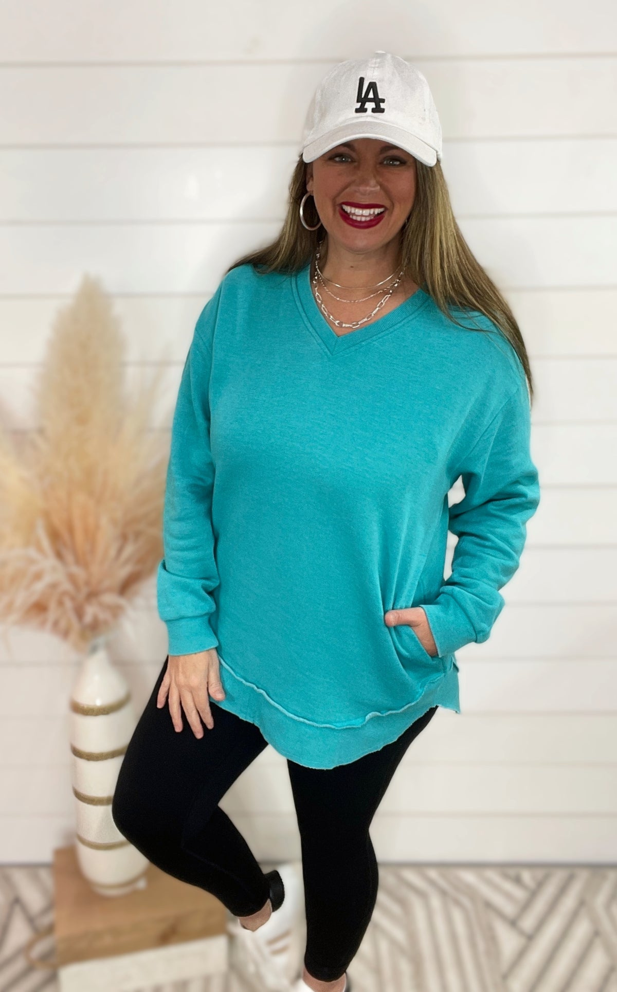 TEAL NEW BESTIE V NECK CURVED HEM TUNIC