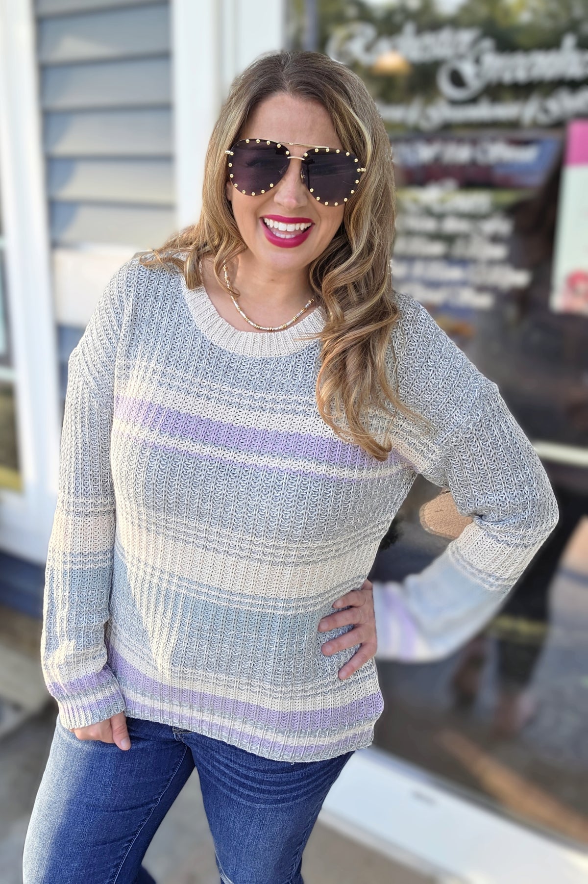 CREAM/GREY/LAV COLORBLOCK KNIT SWEATER