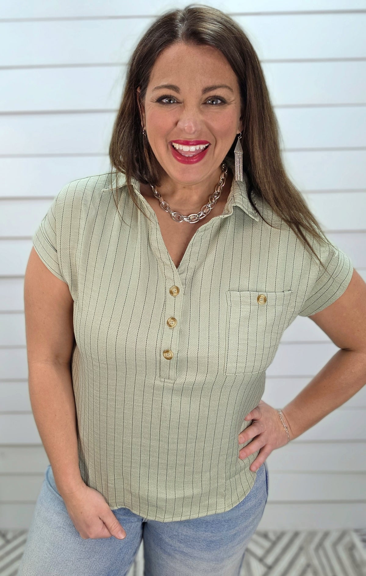 LIGHT OLIVE PINSTRIPED HALF BUTTON TOP
