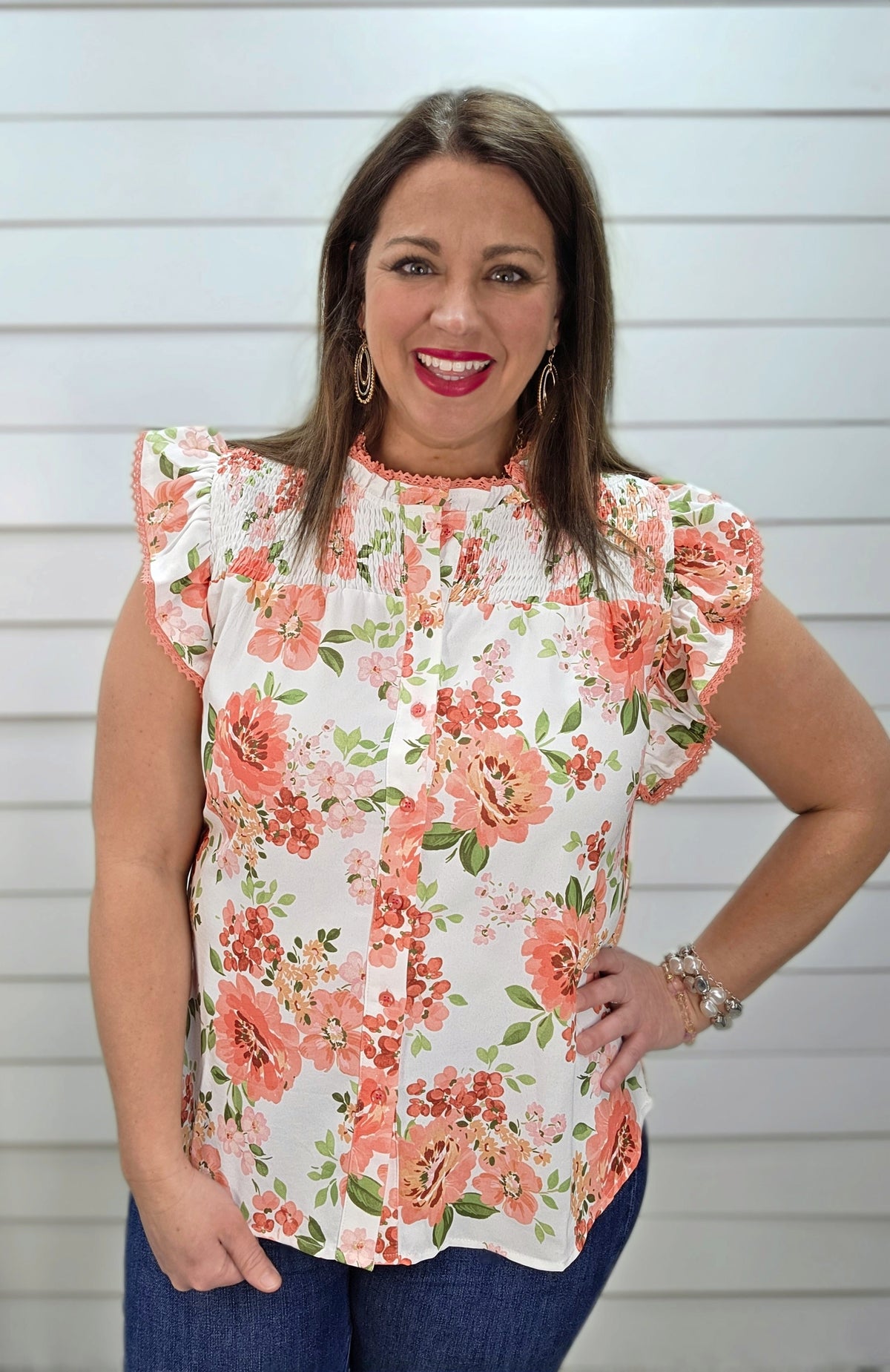 IVORY/CORAL FLORAL LACE TRIM BUTTON DOWN RUFFLE SLEEVE WOVEN TOP