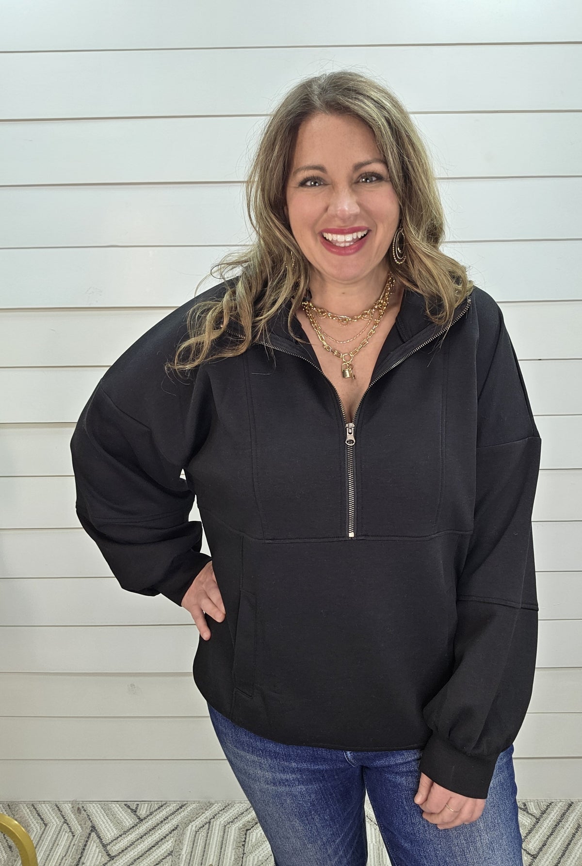 BLACK SCUBA HALF ZIP PULLOVER W/ KANGAROO POCKET