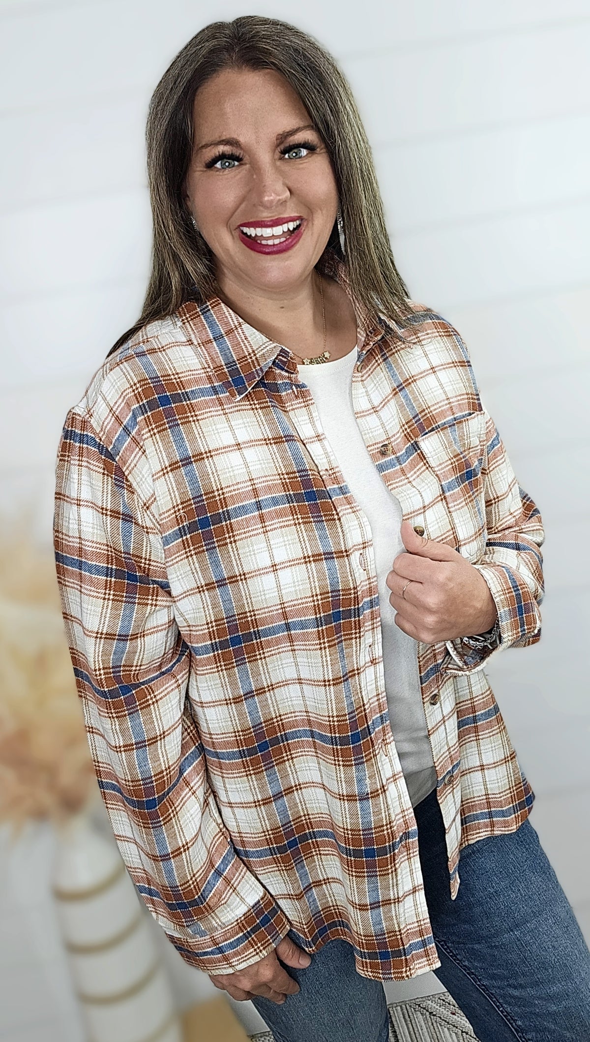 TERRA/BLUE PLAID BUTTON DOWN PLAID TOP