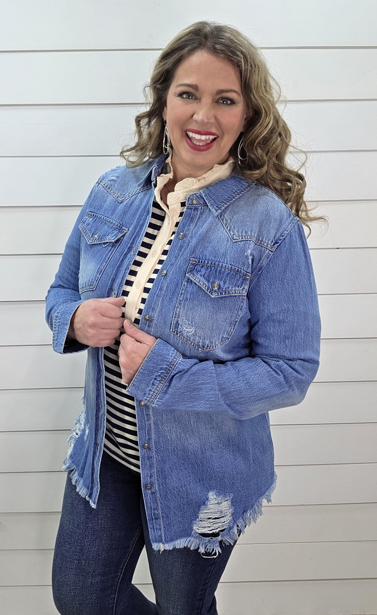 MEDIUM WASH DISTRESSED DENIM SHIRT