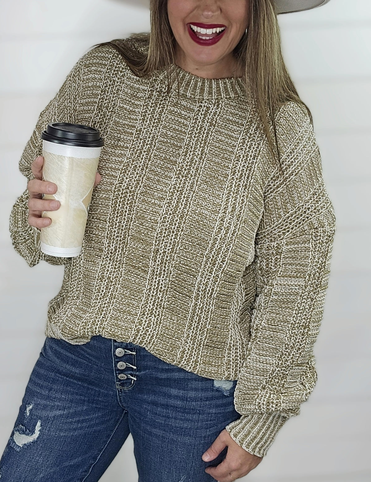 OLIVE TWO TONE PULL ON SWEATER