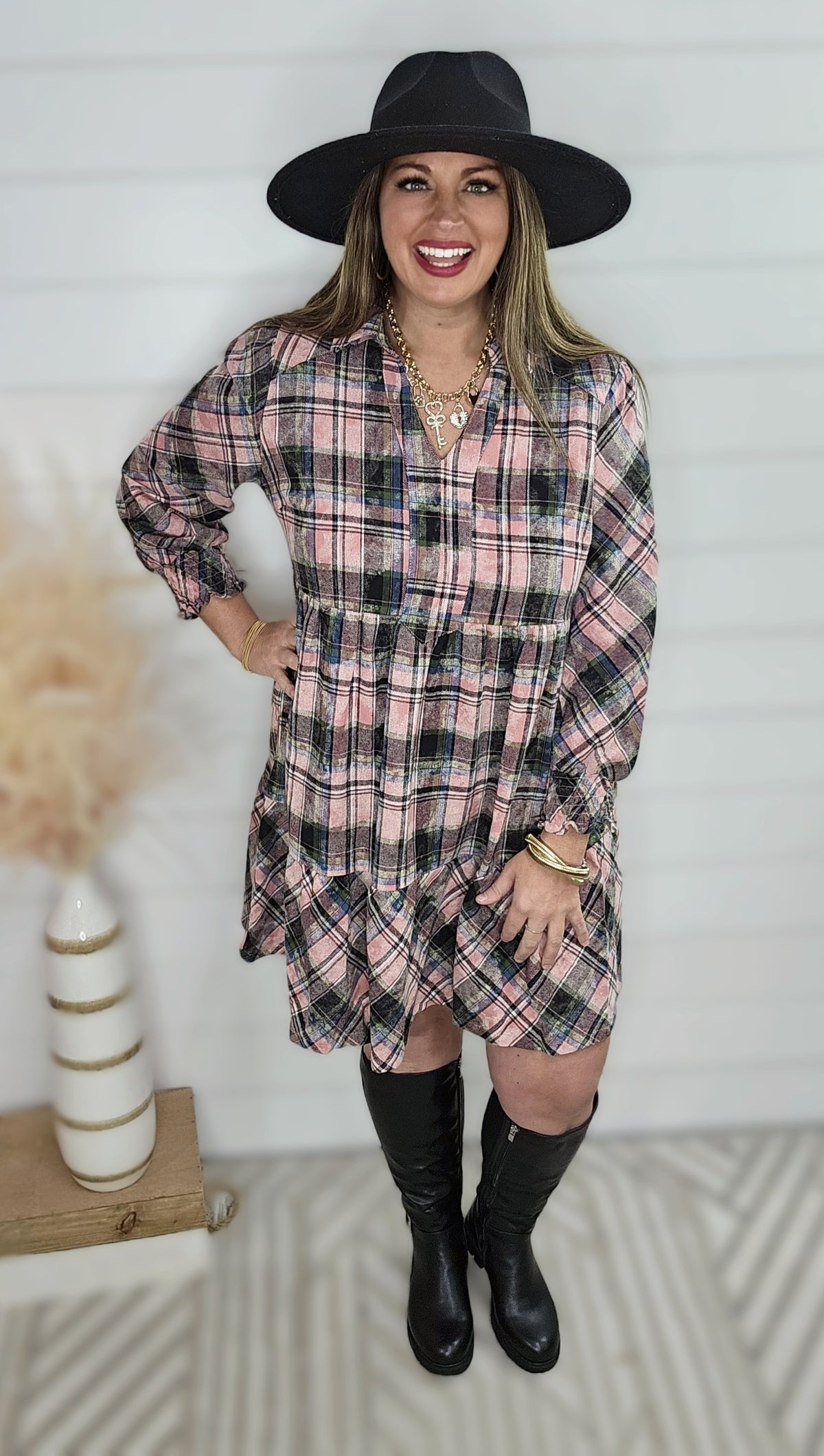 PINK PLAID WASHED EFFECT DRESS