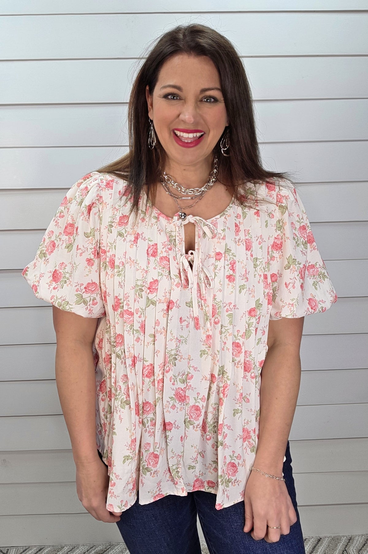 BLUSH/PINK FLORAL PLEATED TIE TOP