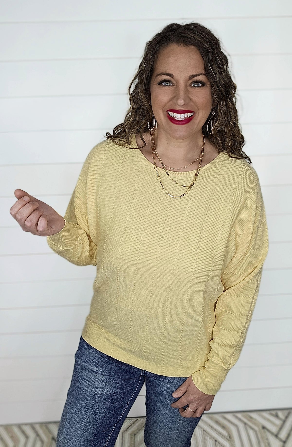 YELLOW TEXTURED DOLMAN BOAT NECK SWEATER