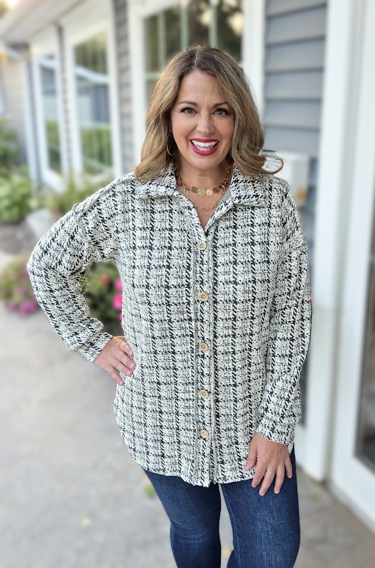 BLACK/CREAM GLITZ FULL BUTTON DOWN TWEED TOP