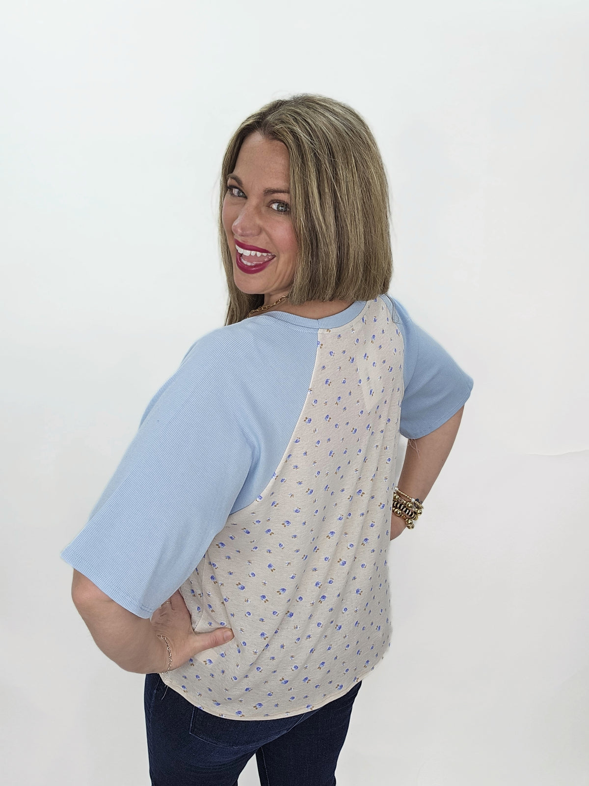 TAUPE/BLUE FLORAL BASEBALL KNIT HENLEY TOP - FINAL SALE