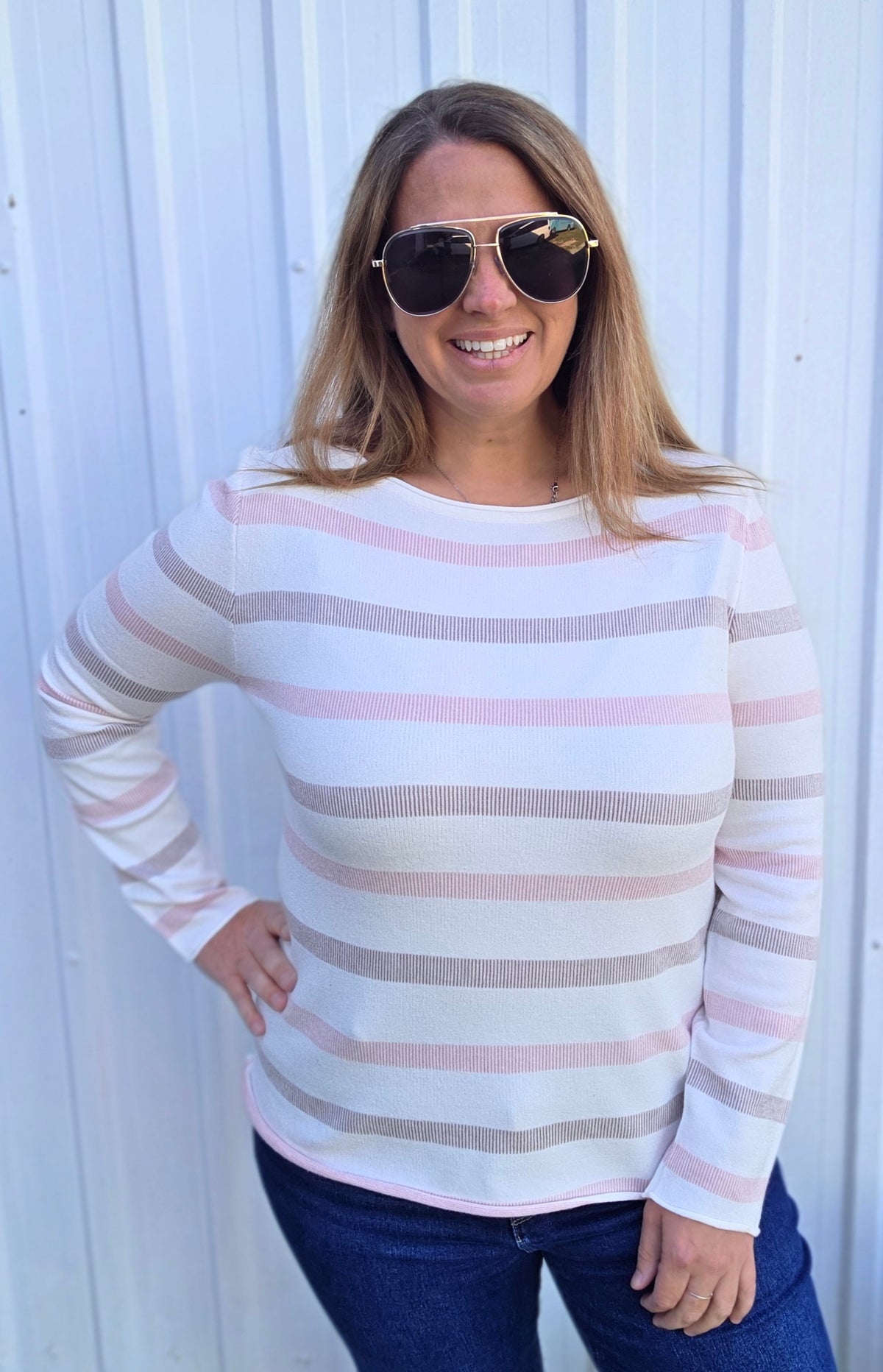 Pink/Mocha Texture Striped, Wide Crew Neck, Long Sleeve Soft Sweater