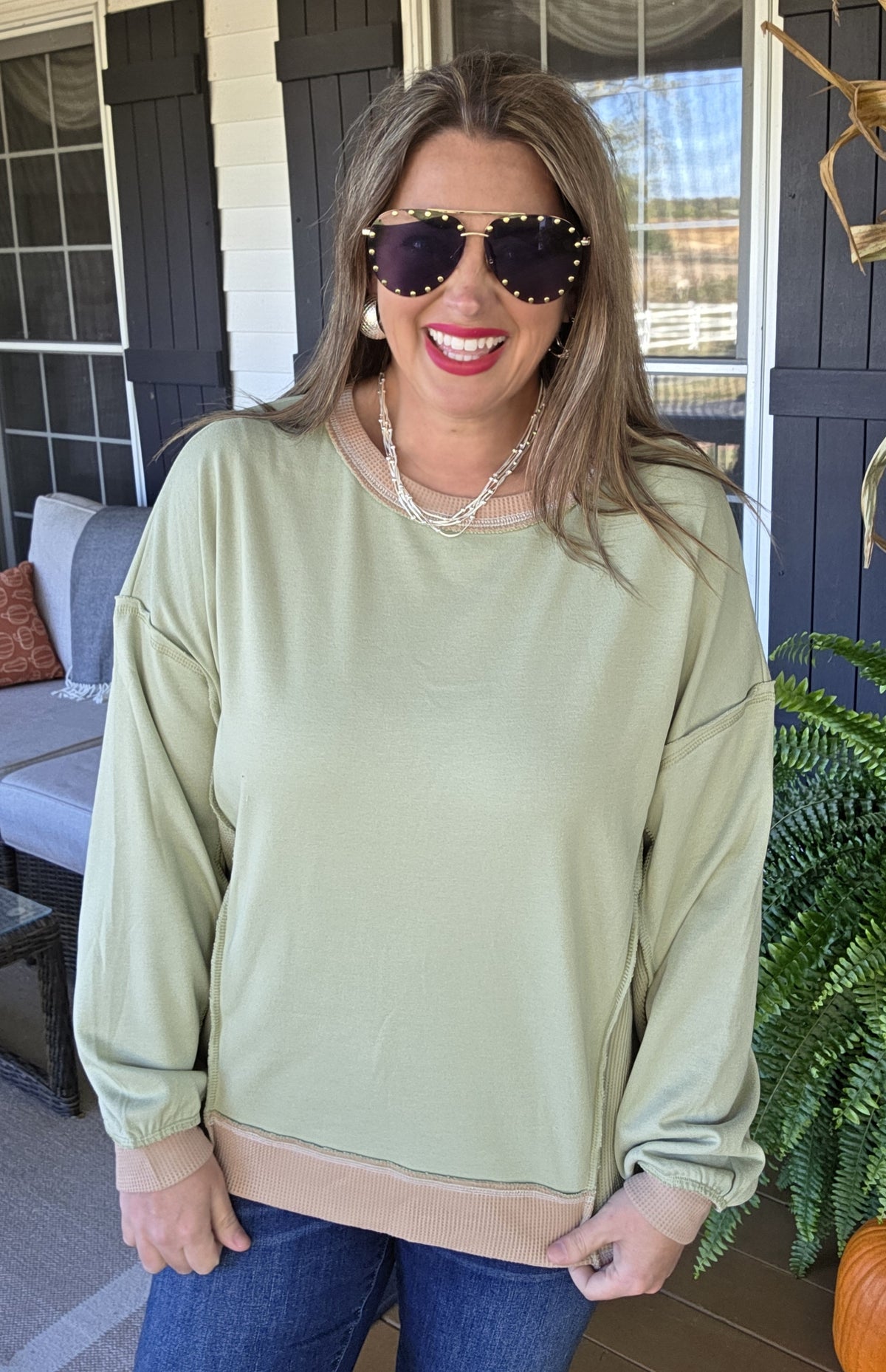 GREEN FRENCH TERRY/WAFFLE TEXTURE KNIT TOP