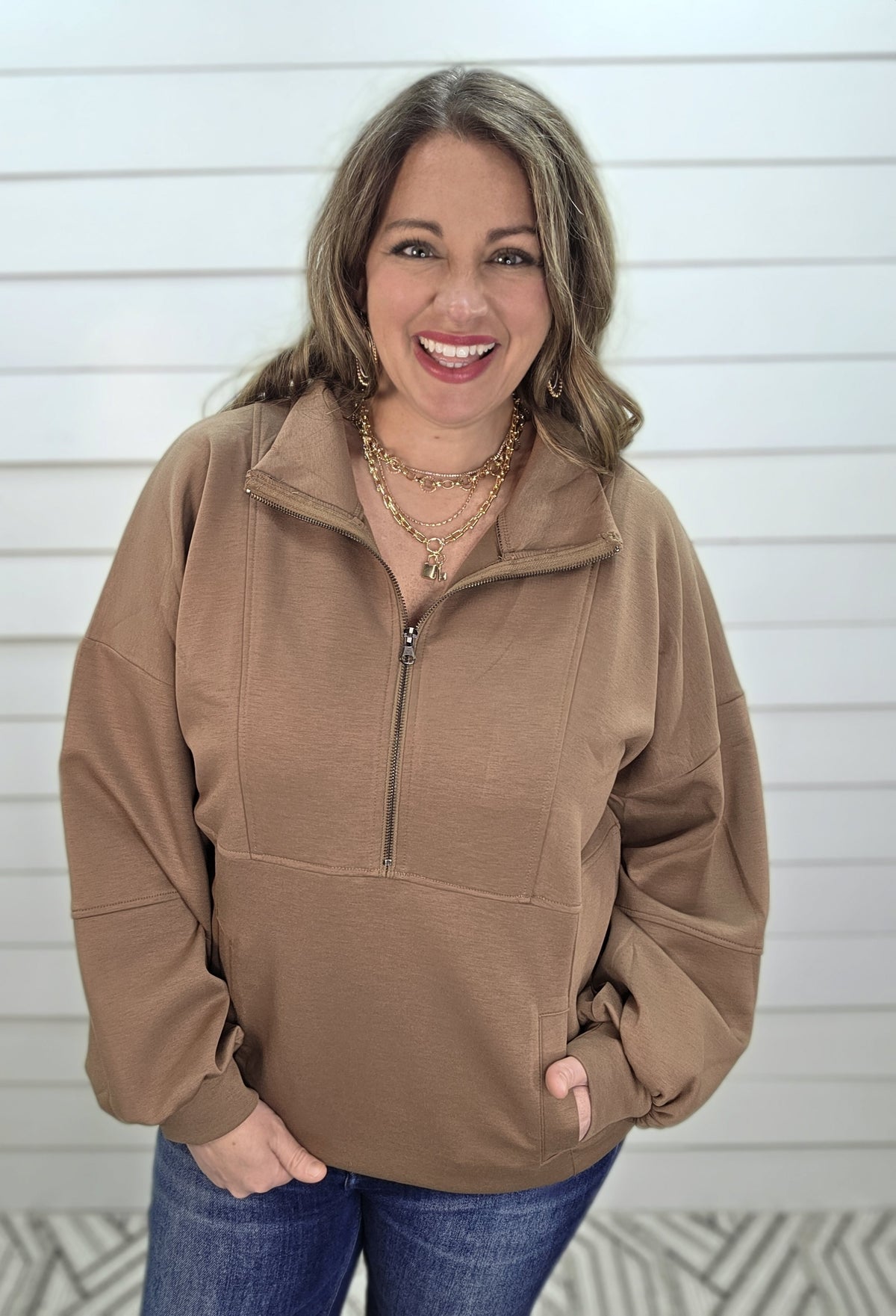 BROWN SCUBA HALF ZIP PULLOVER W/ KANGAROO POCKET