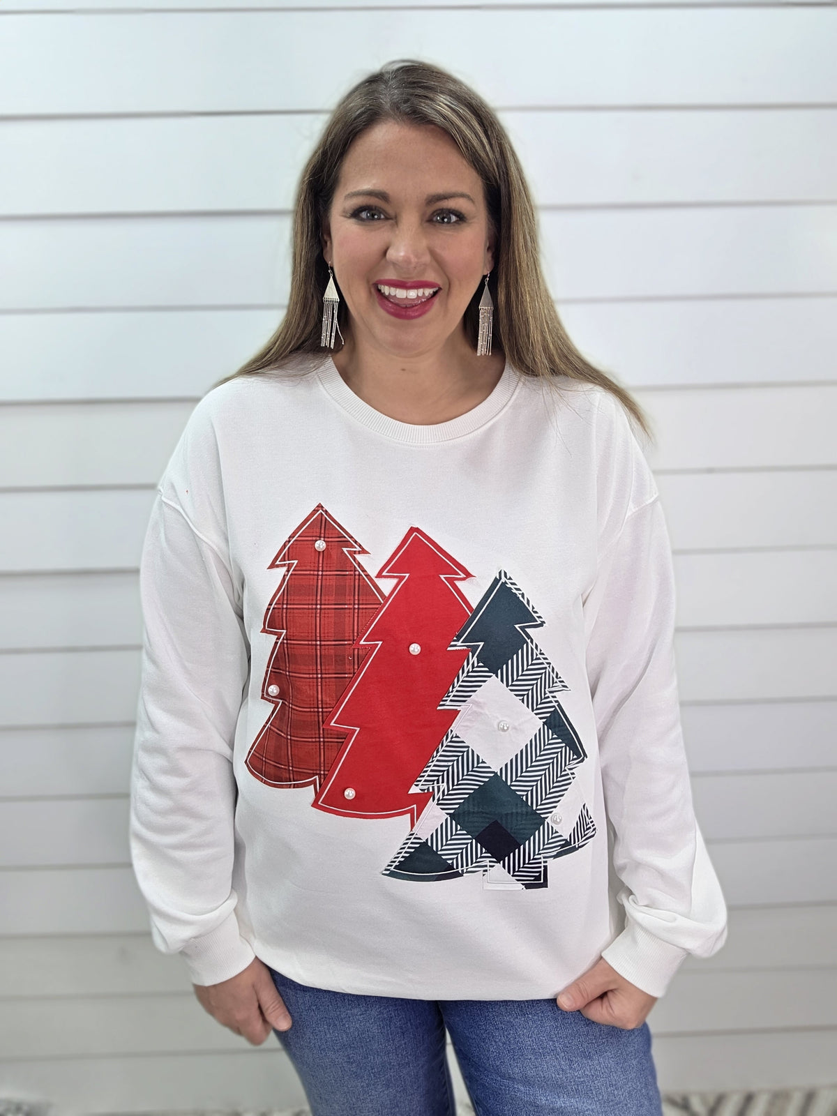 WHITE FRENCH TERRY PULLOVER W/ TREES AND PEARLS