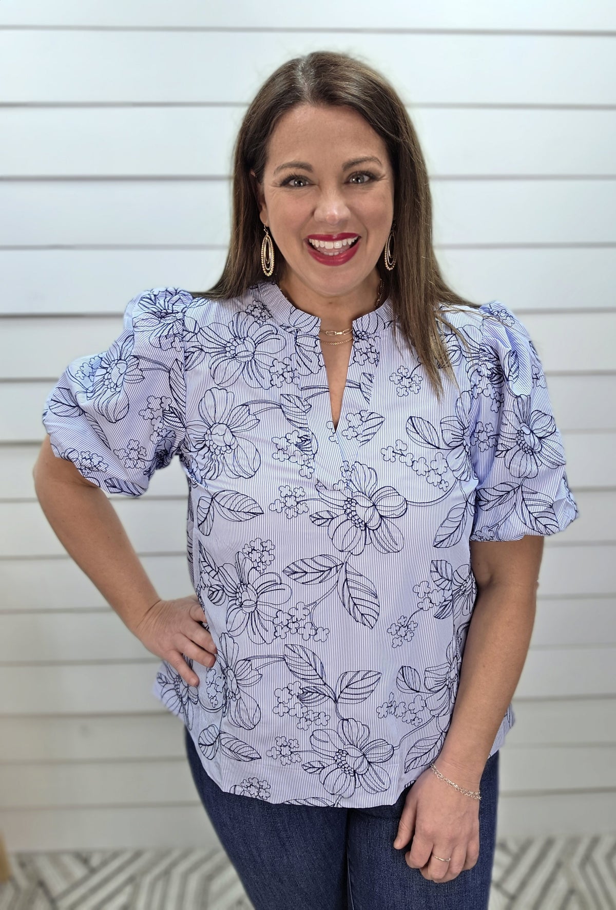 BLUE PINSTRIPE EMBROIDERED V NECK WOVEN TOP