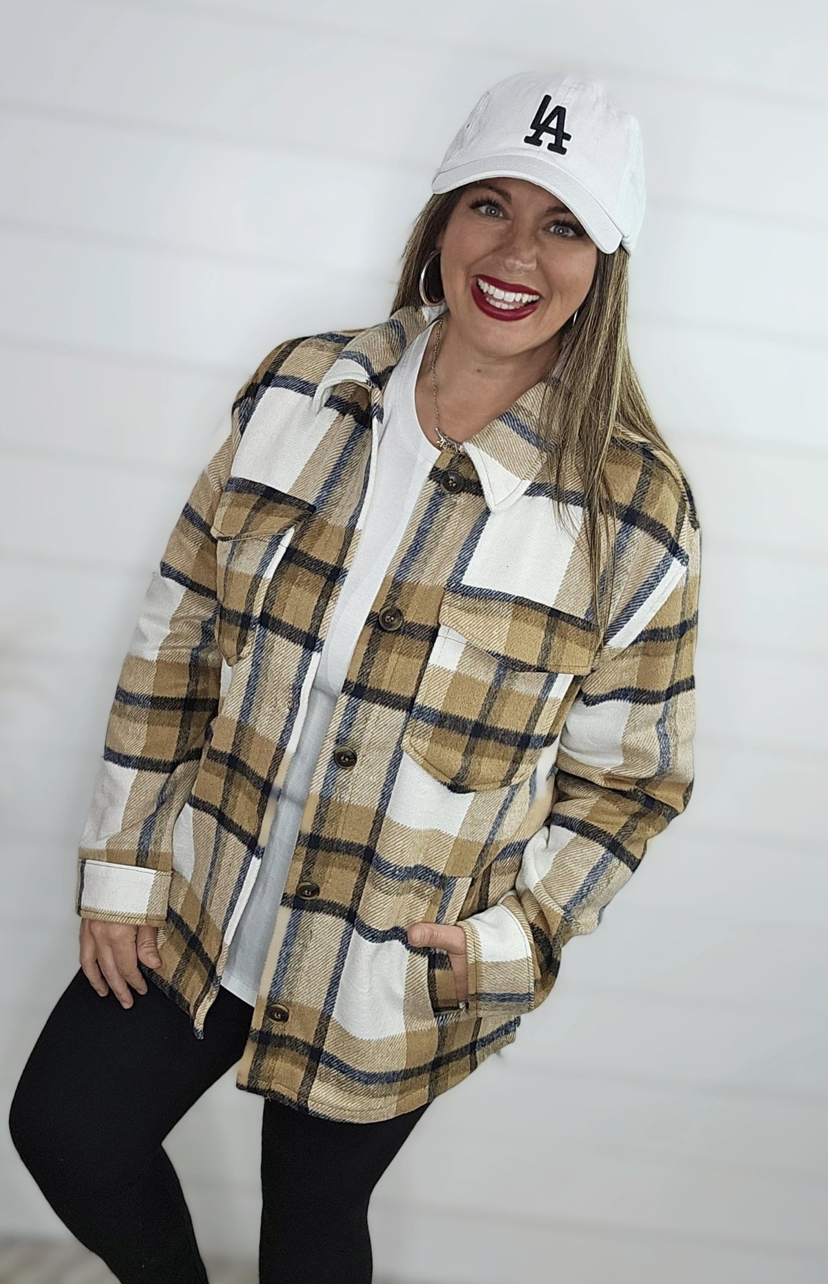 CAMEL/BLACK PLAID SHACKET