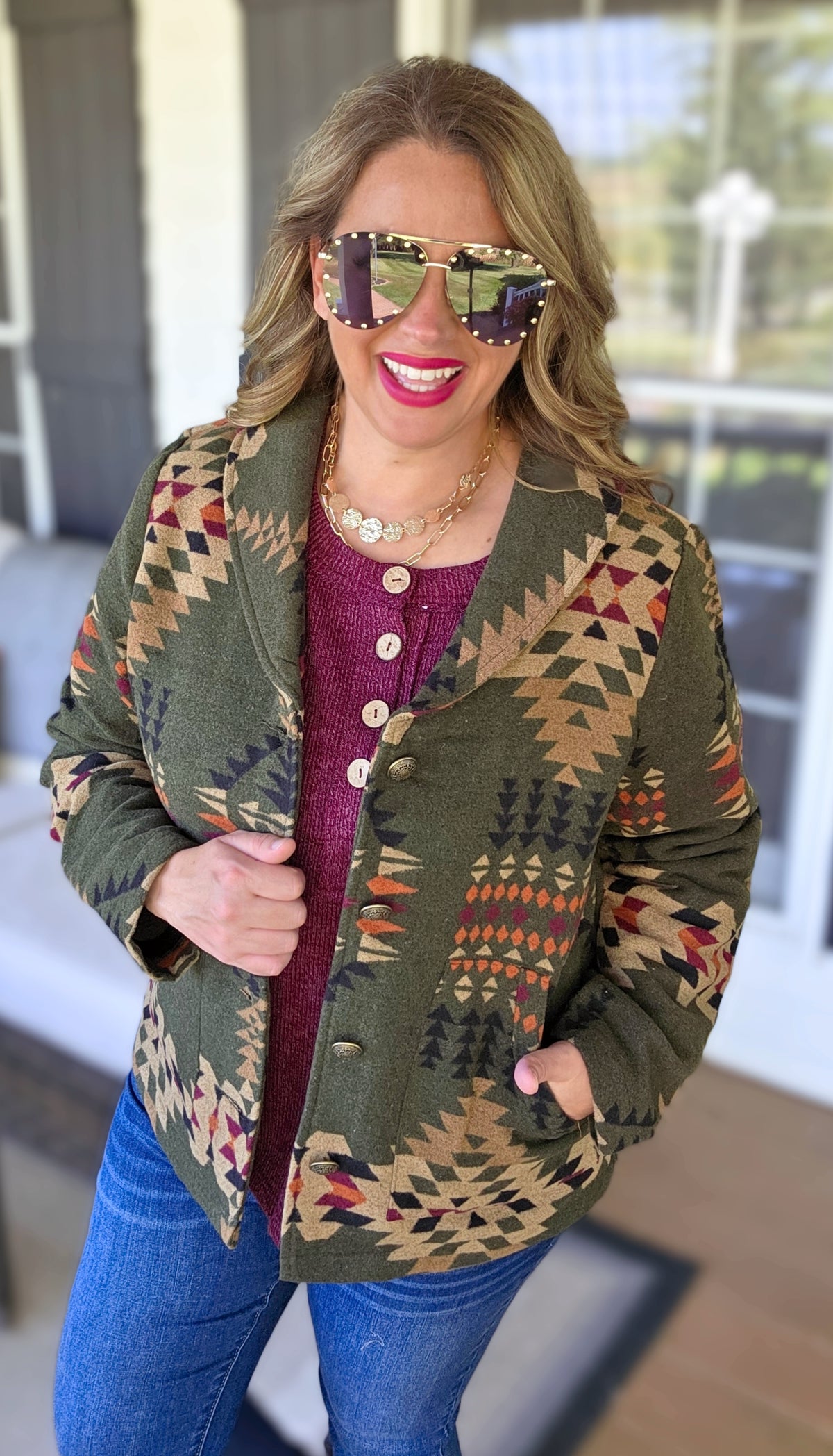 KAREN HART HUNTER GREEN AZTEC BUTTON JACKET