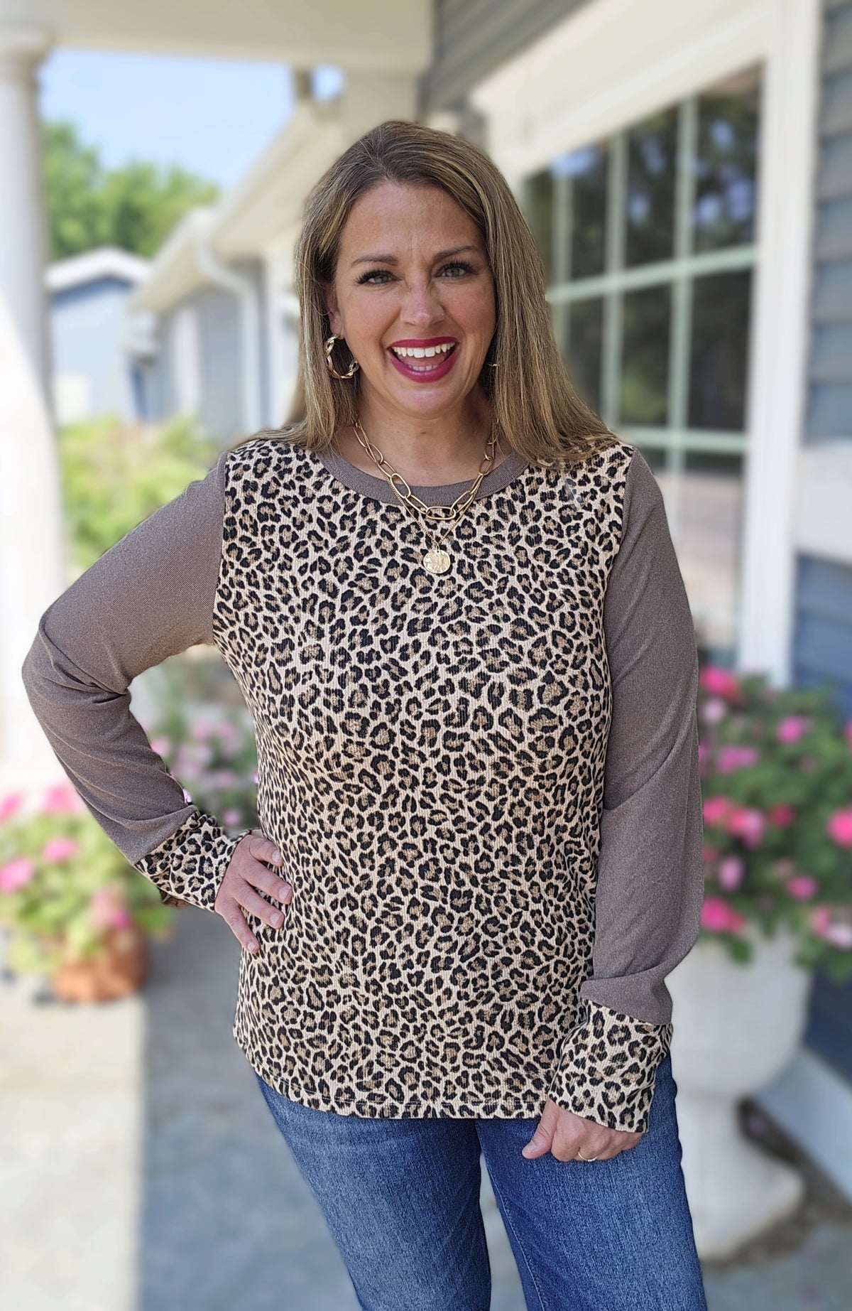 BROWN ANIMAL PRINT CONTRAST LONG SLEEVE KNIT TOP
