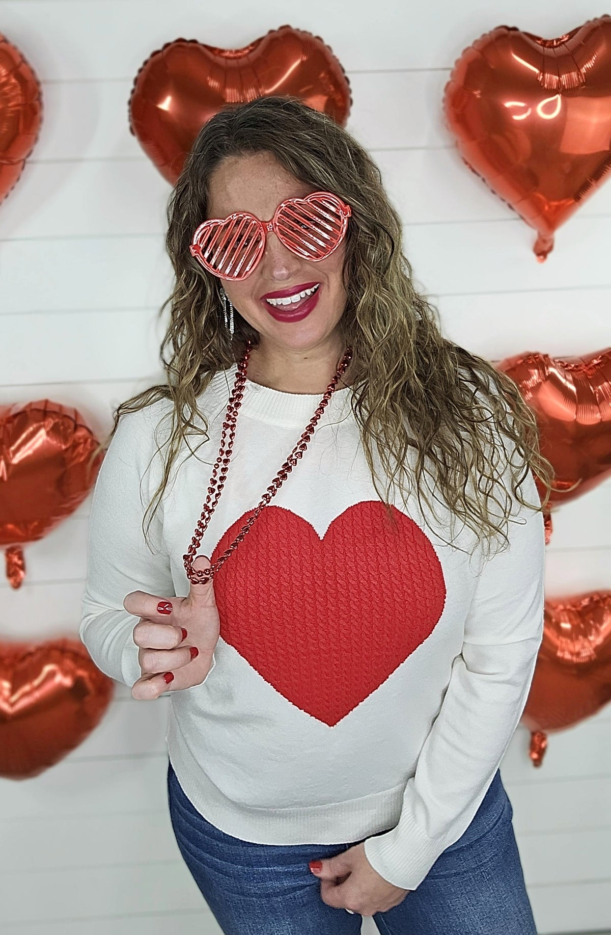 CREAM SWEATER WITH RED LARGE HEART