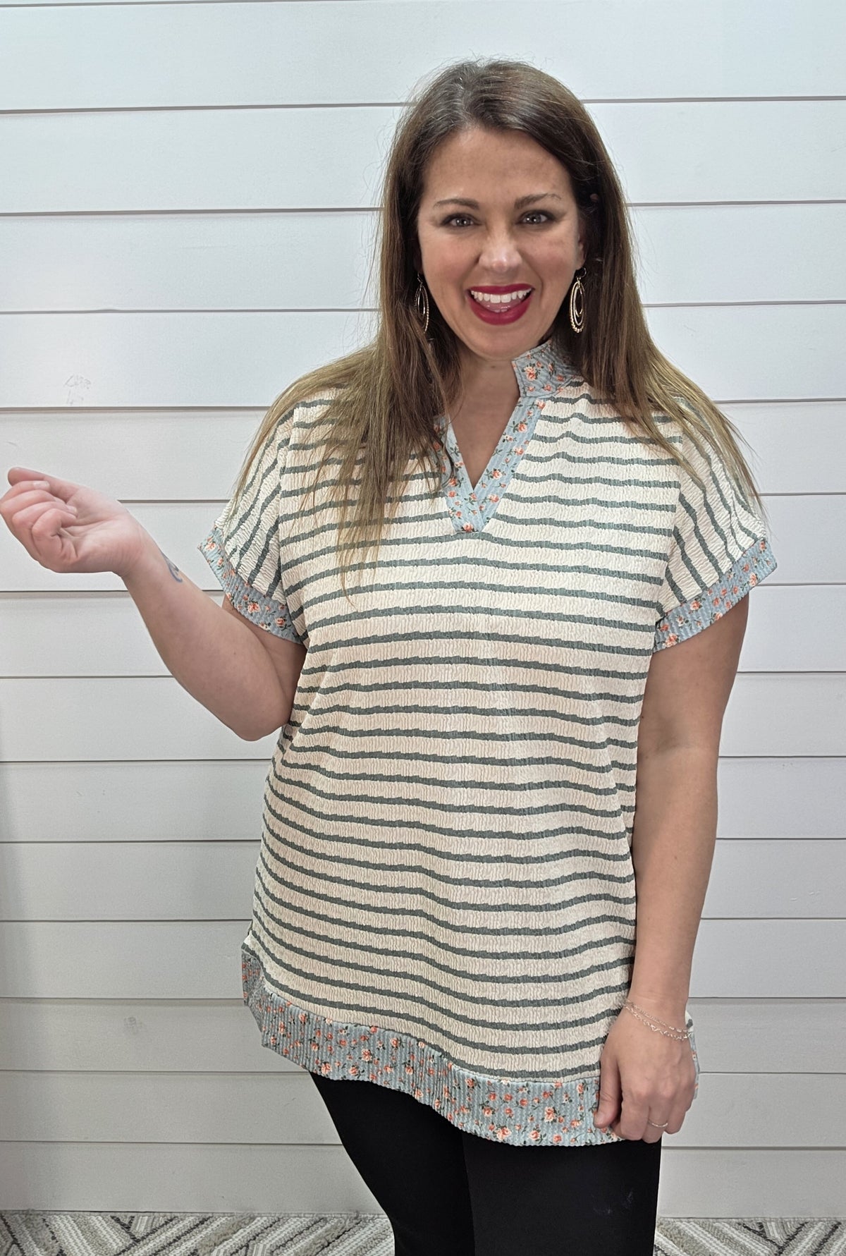 CREAM/SAGE STRIPED TEXTURED TOP W/ FLORAL TRIM
