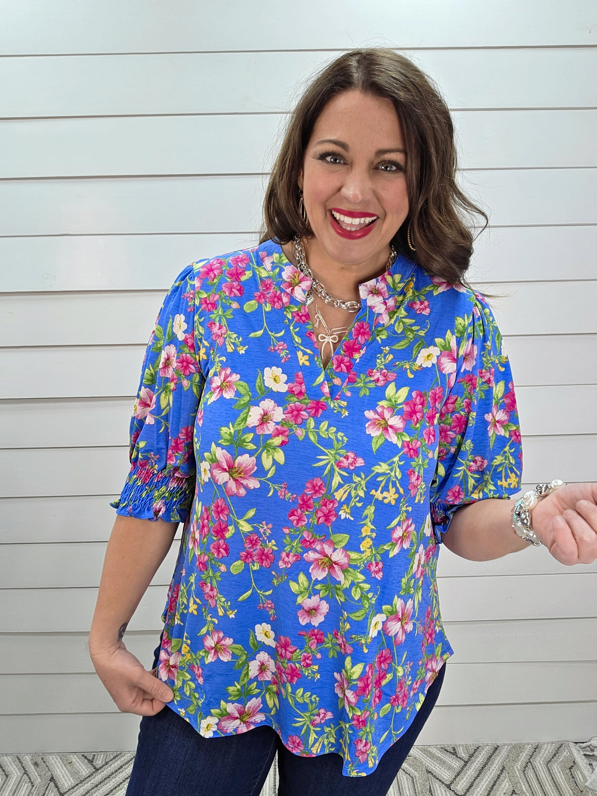 DEAR SCARLETT SMOCKED TOP - OCEAN BLUE/PINK FLORAL