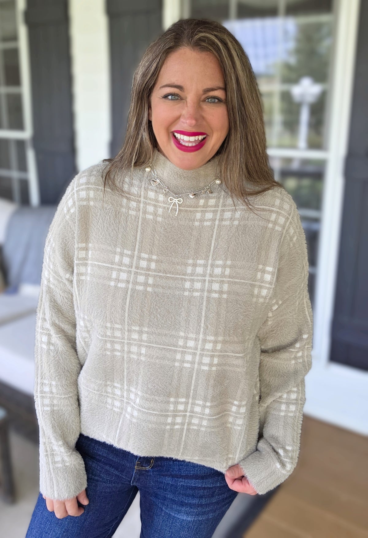 MOCHA/CREAM FUZZY SOFT MOCK NECK CHECK PRINT SWEATER