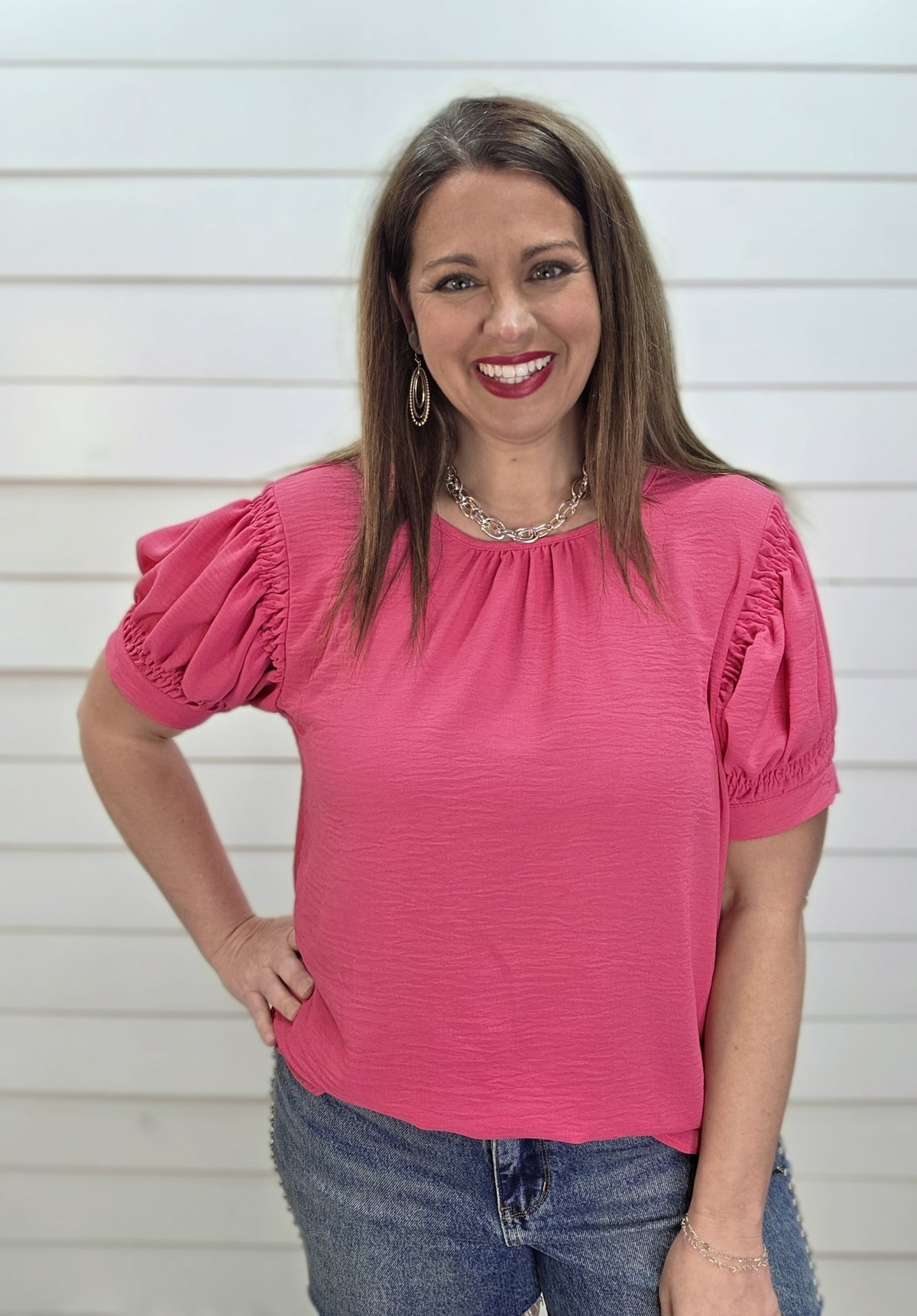 FUCHSIA AIR FLOW SMOCKED SHORT SLEEVE TOP