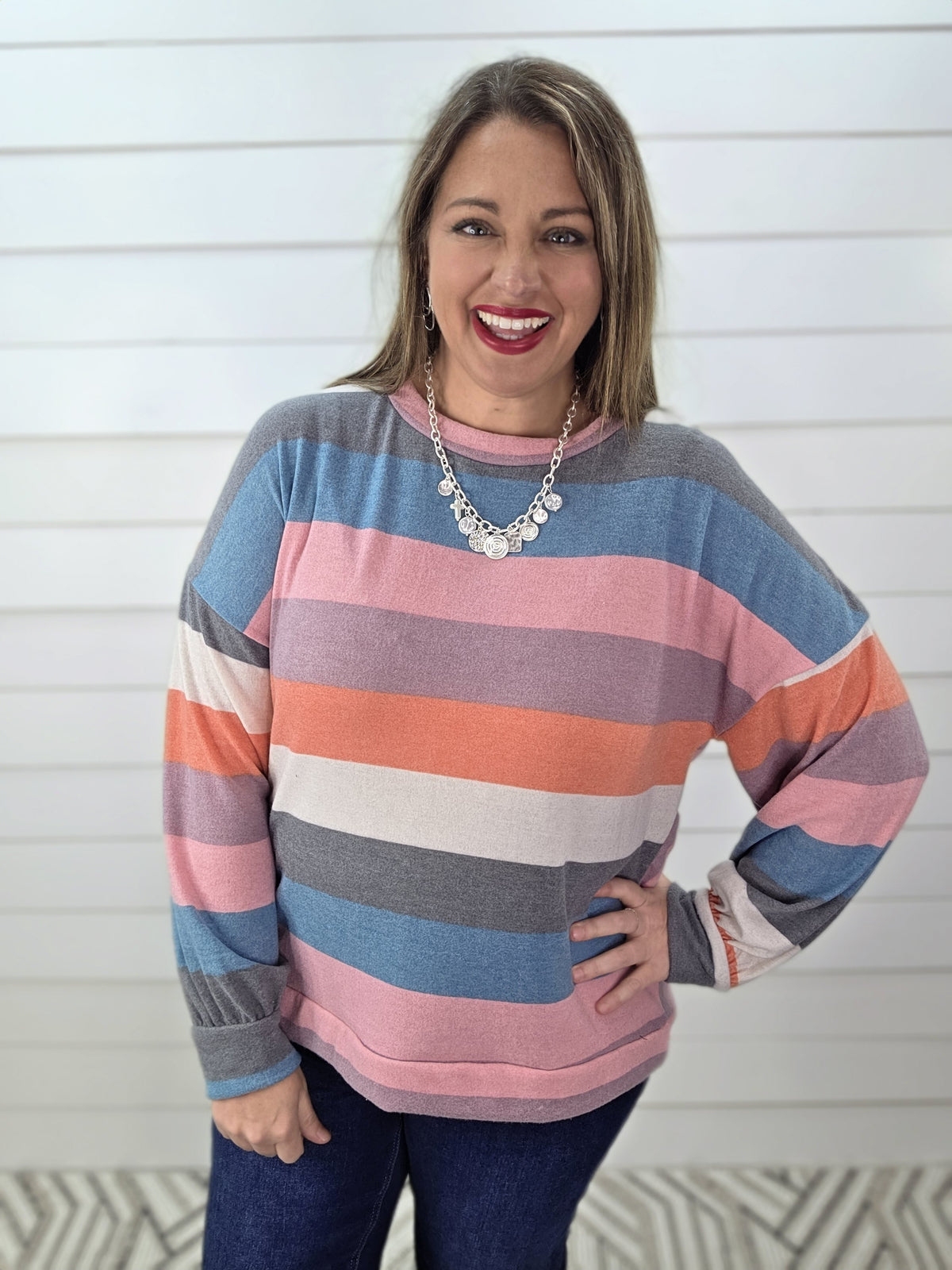 MULTI STRIPED BRUSHED KNIT TOP