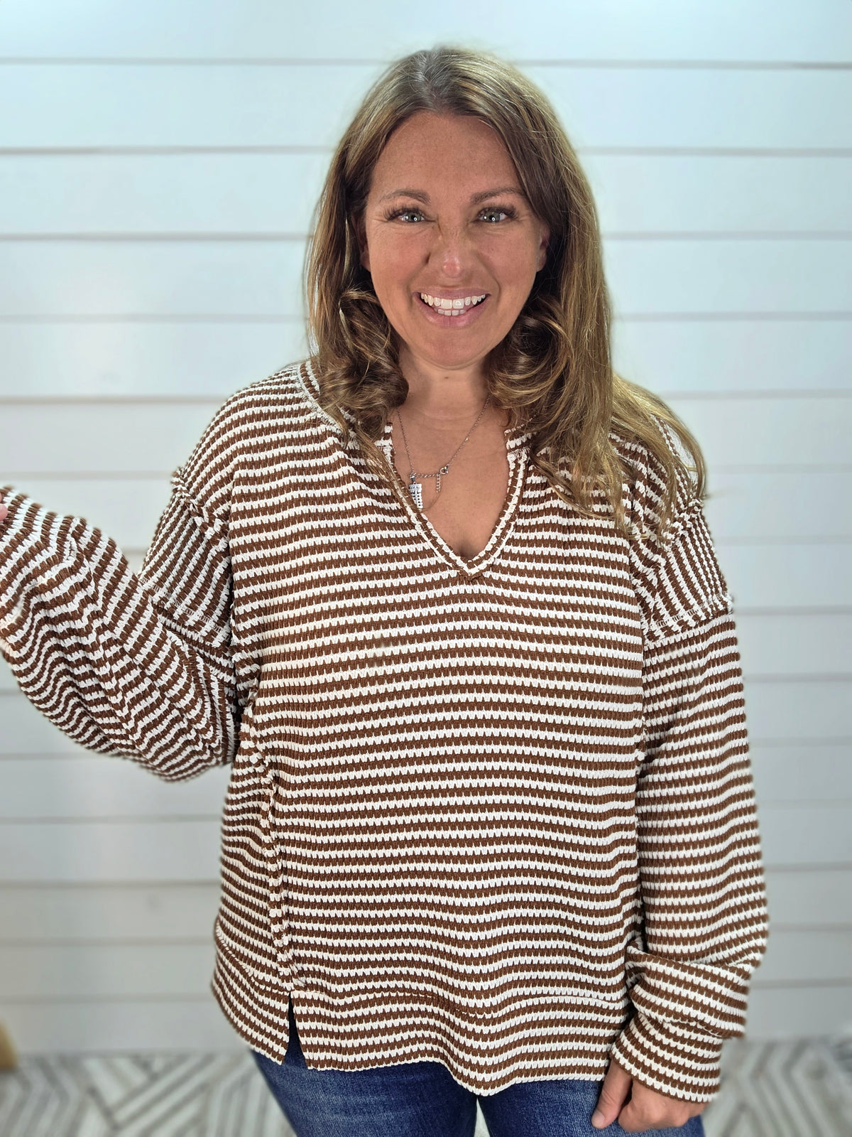 BROWN/CREAM Stripe Split Neck Long Sleeve Seam Detail Knit Top