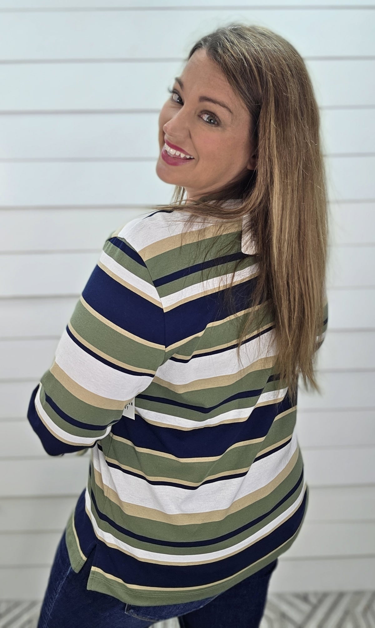 OLIVE/NAVY STRIPED 3/4 SLEEVE KNIT TOP