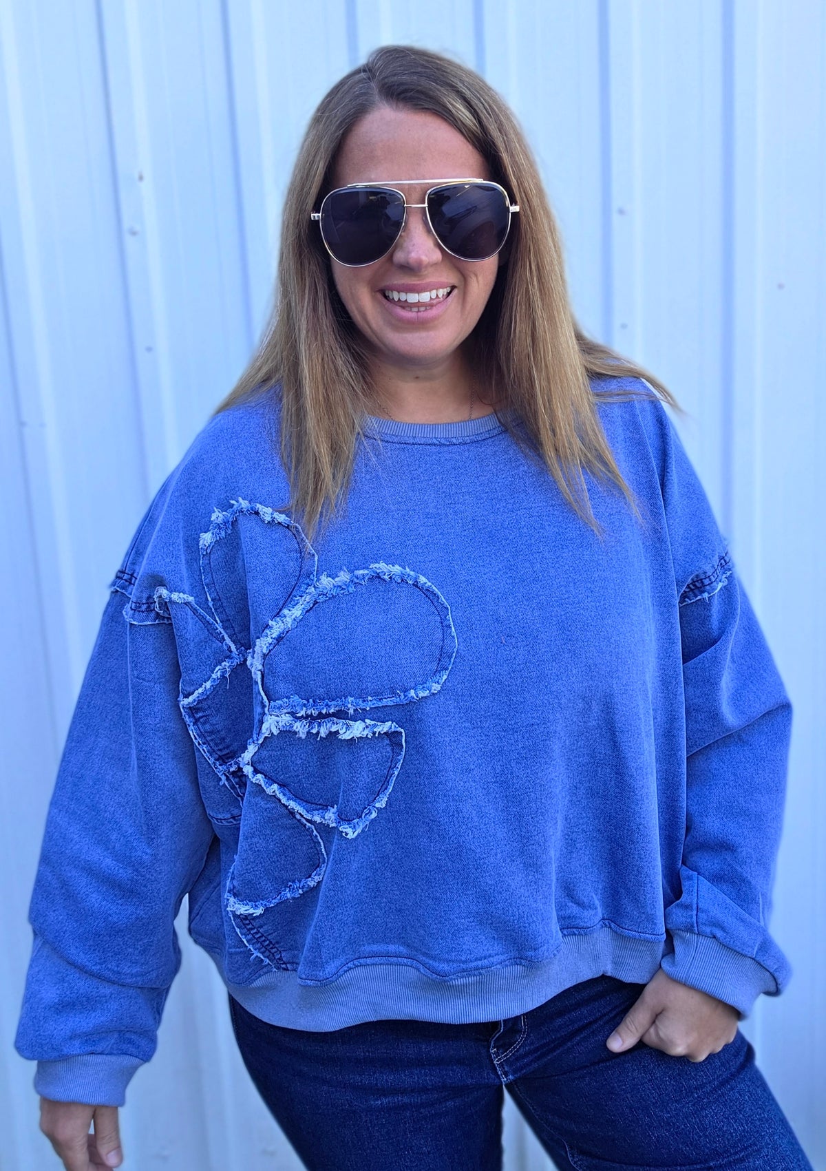DENIM LONG SLEEVE PULLOVER WITH FLORAL DETAIL