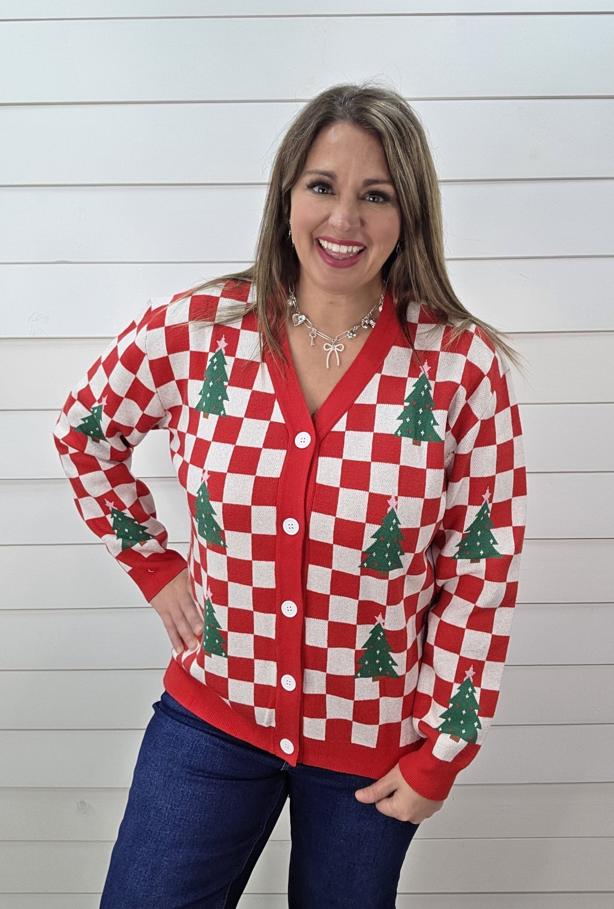 RED CHECKERED TREE BUTTON CARDIGAN SWEATER