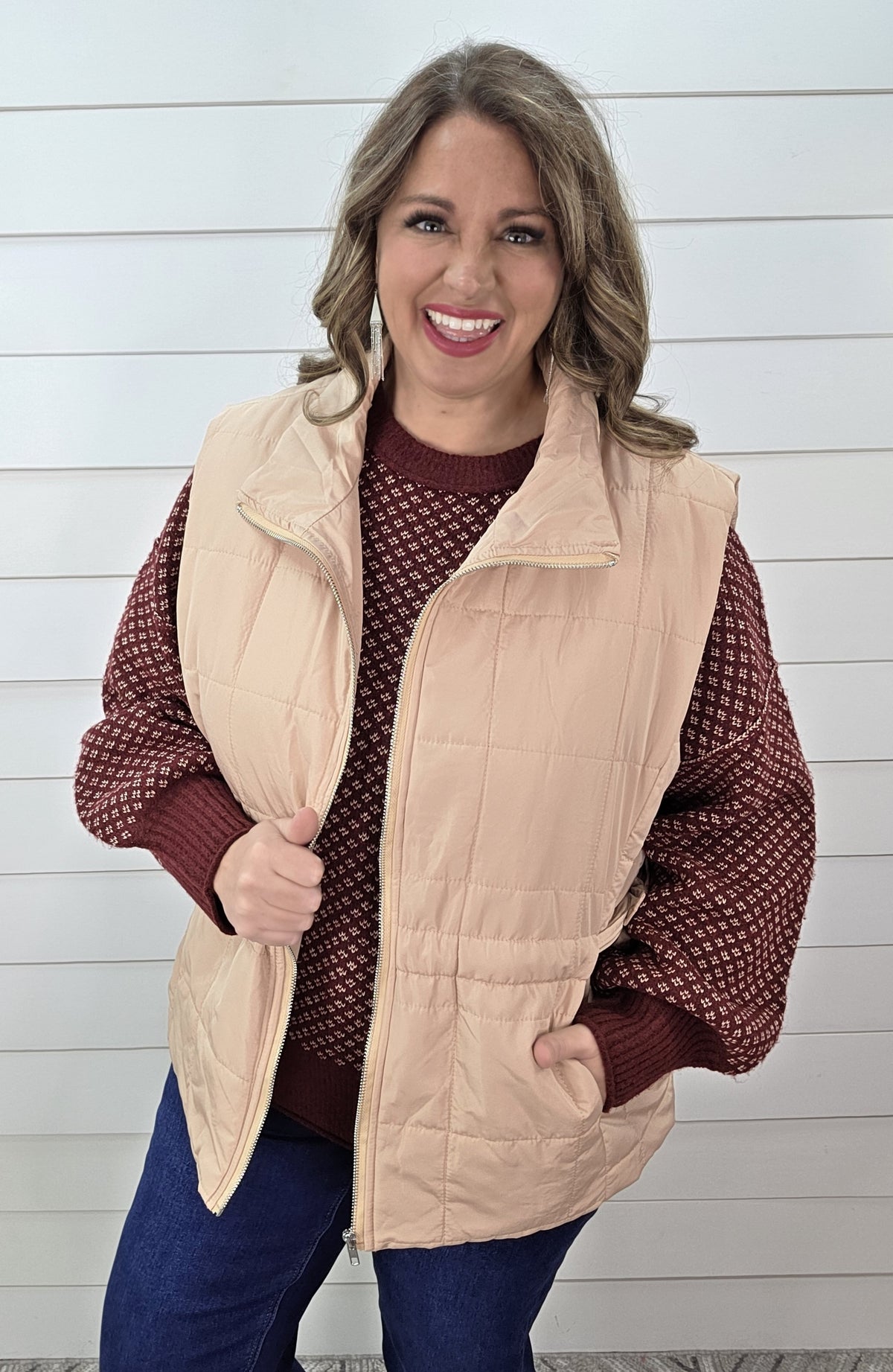 TAN FULL ZIP VEST WITH ADJUSTABLE SIDE TIES