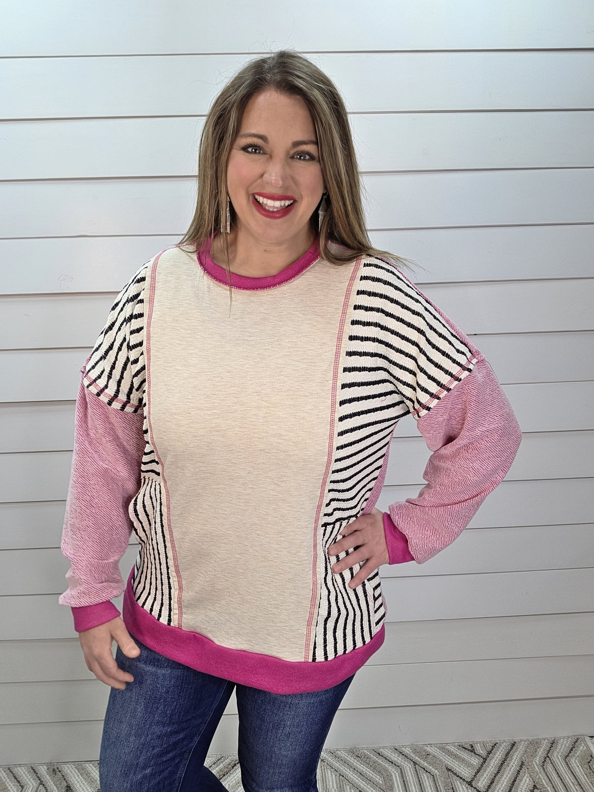 ROSEBERRRY STRIPED KNIT TOP W/ SIDE POCKETS