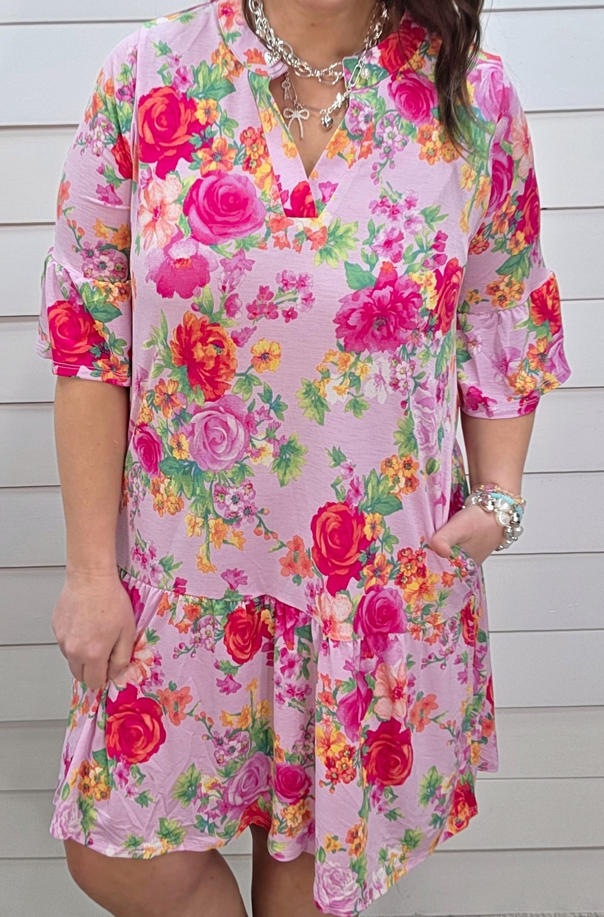 DEAR SCARLETT SUNDAY 3/4 SLEEVE RUFFLE DETAIL DRESS - BLUSH PINK FLORAL