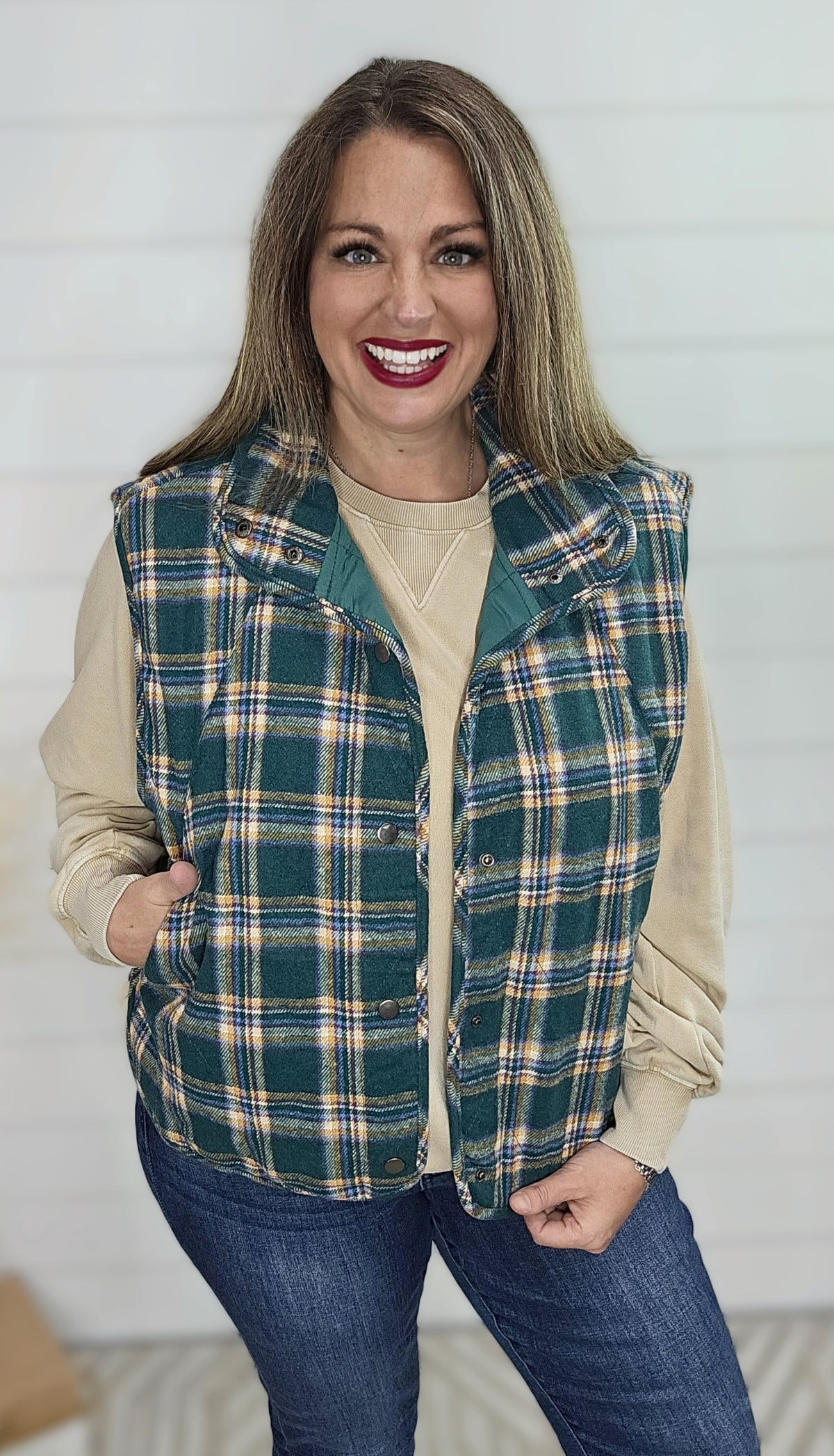 GREEN PLAID SNAP BUTTON VEST