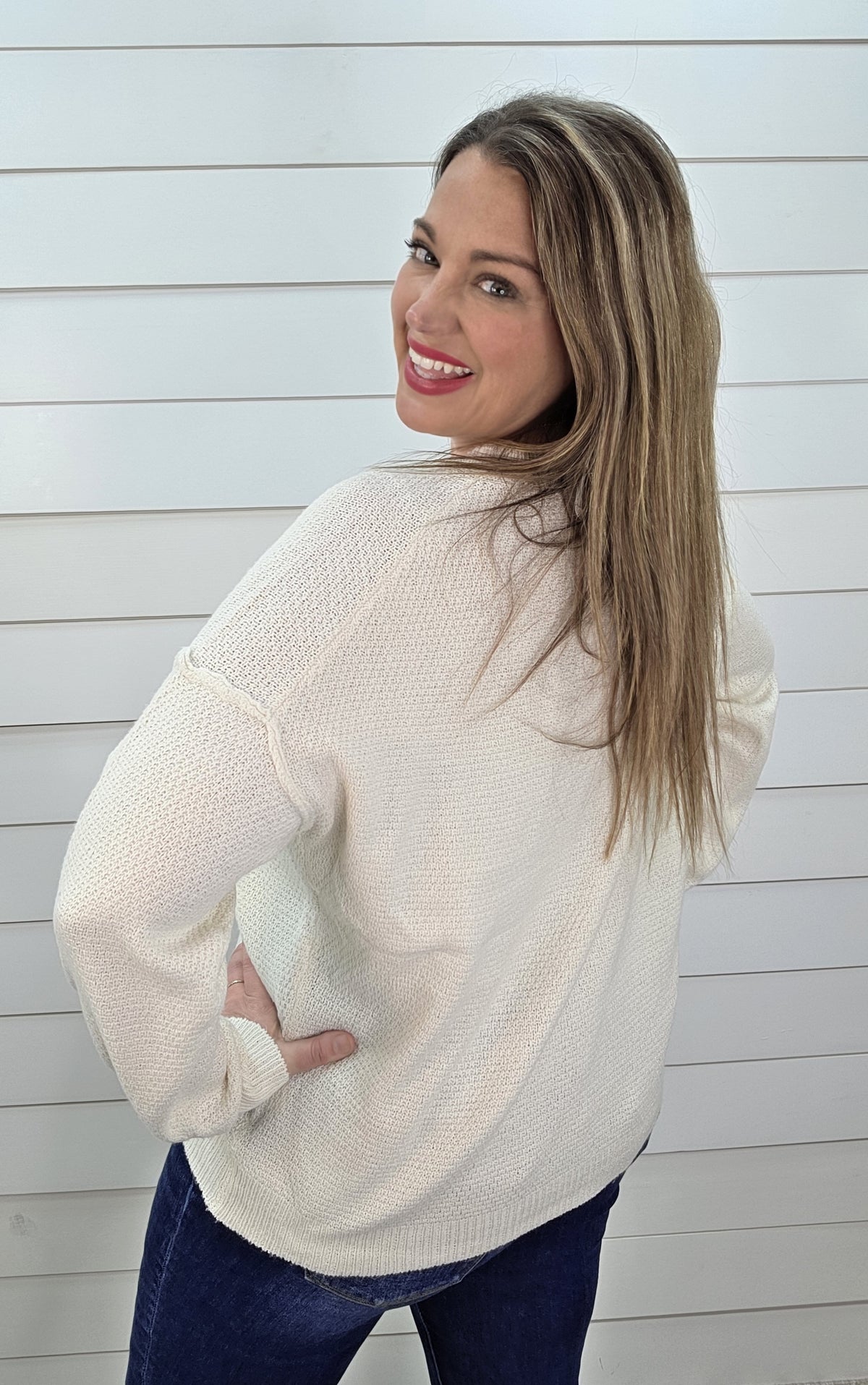 IVORY TEXTURED CHEST POCKET CREW NECK SWEATER