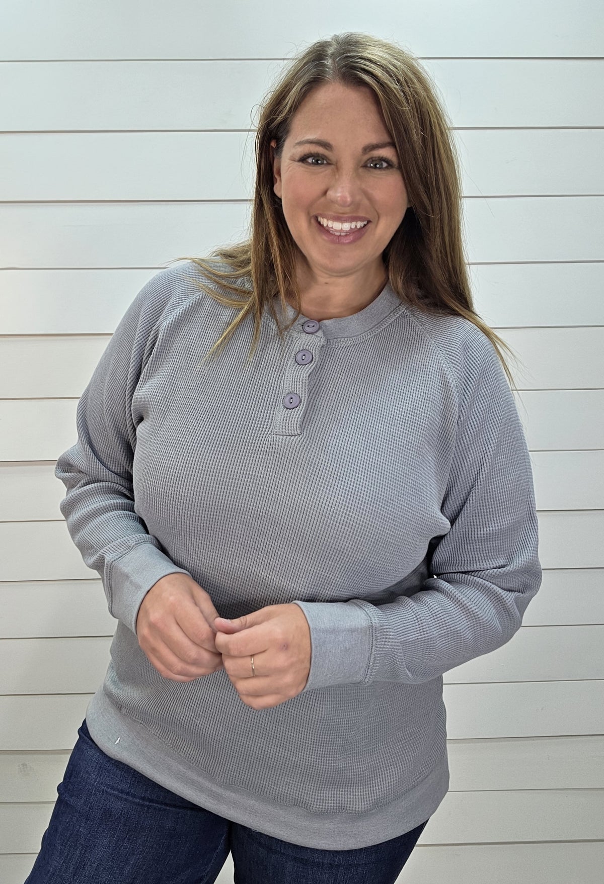 STEEL GREY WAFFLE TEXTURED BUTTON HENLEY KNIT TOP