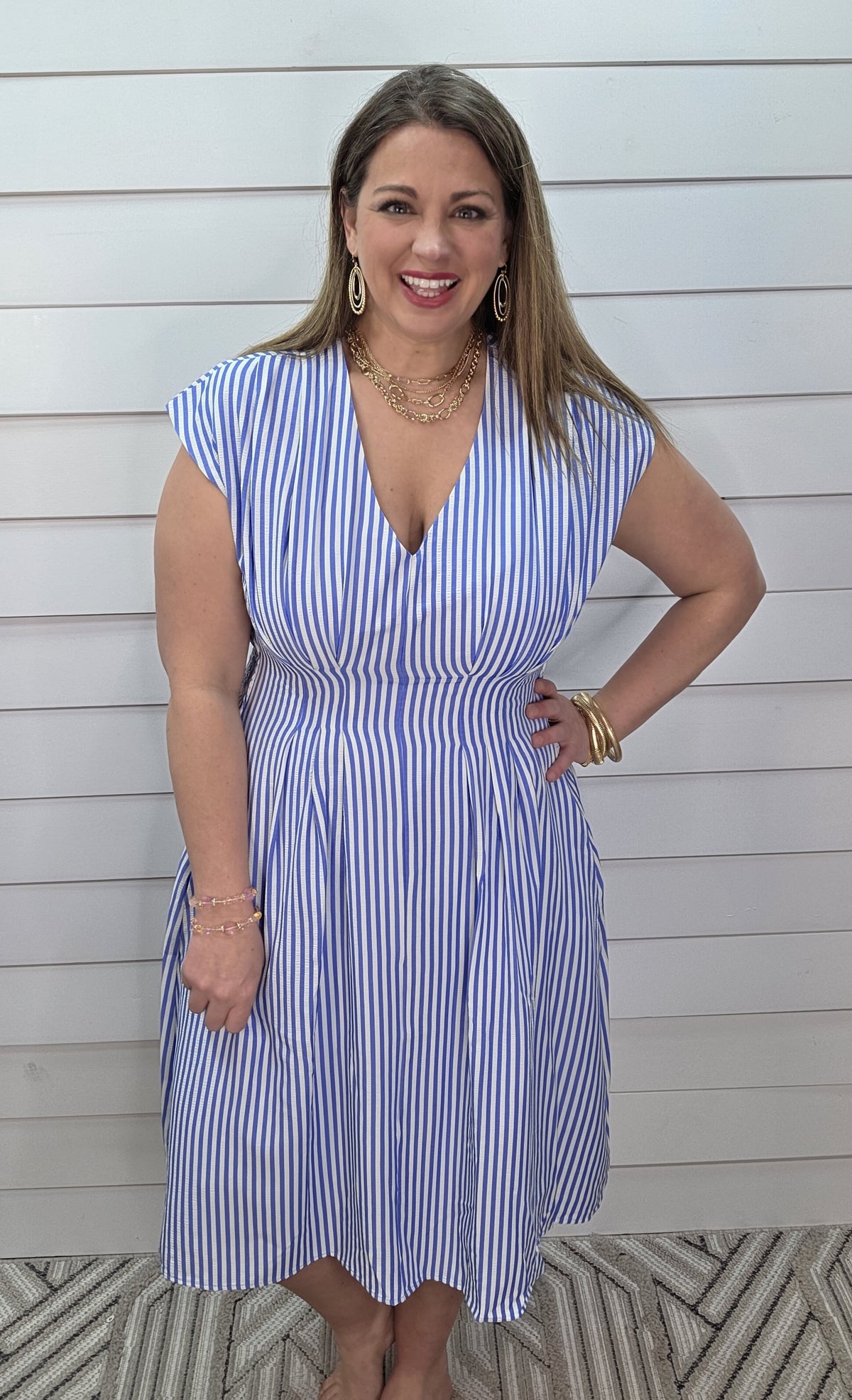 BLUE STRIPED V NECK PLEATED WOVEN DRESS W/ BACK SMOCKING
