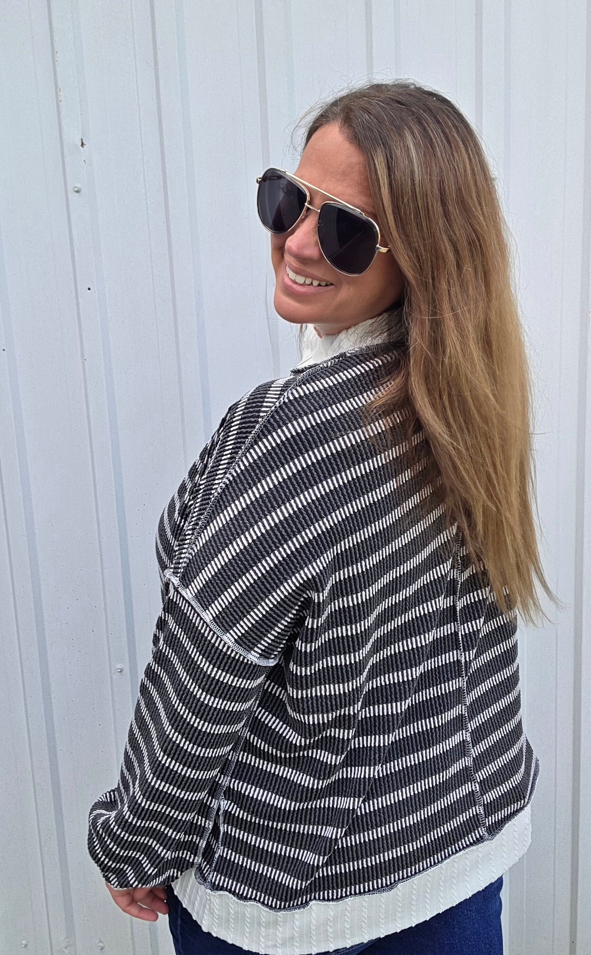 Charcoal Mock Neck Long Sleeve Oversized Loose Fit Striped Knit Top